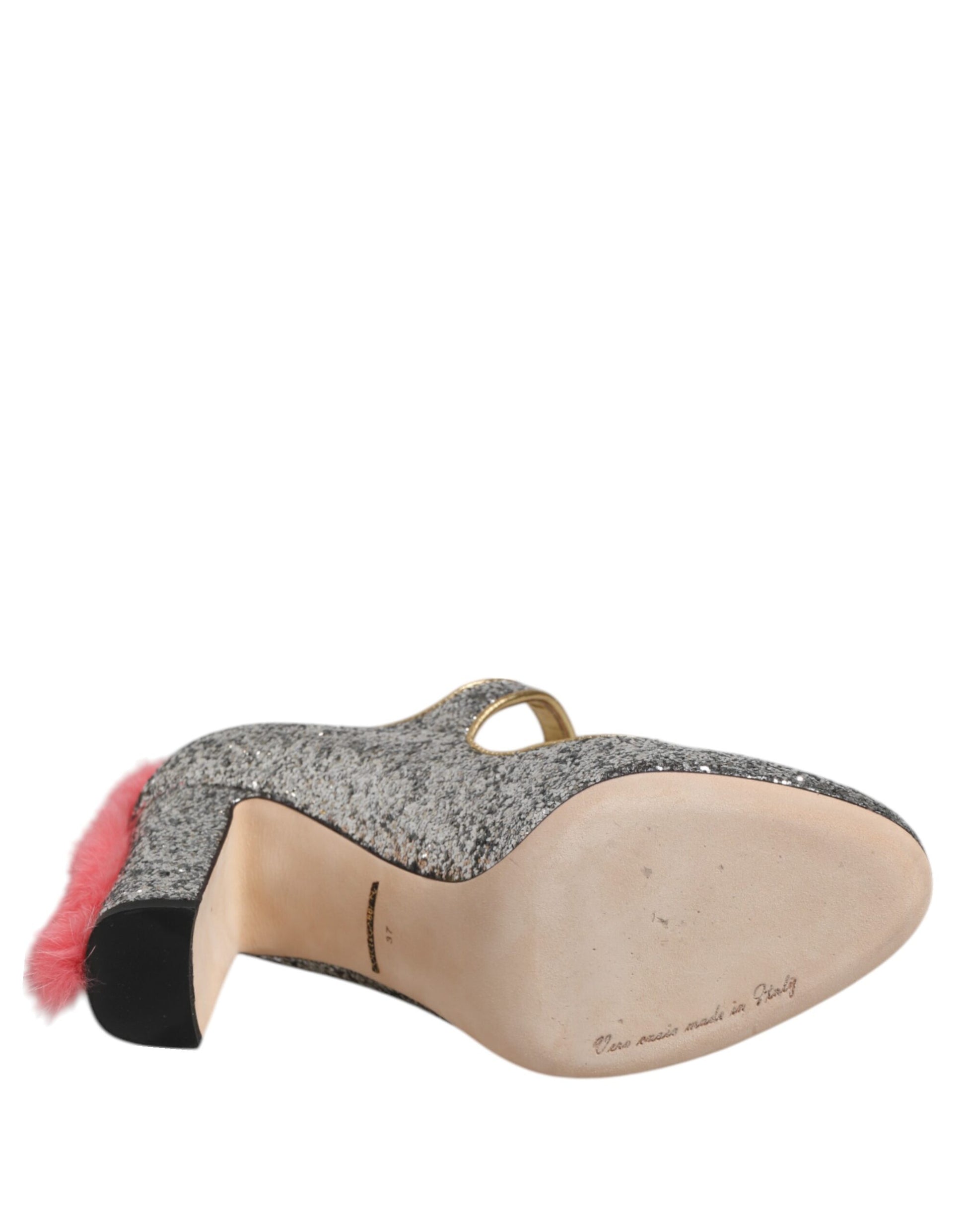 Dolce &amp; Gabbana Silber Glitzer Nerz Pelz VALLY Pumps Schuhe