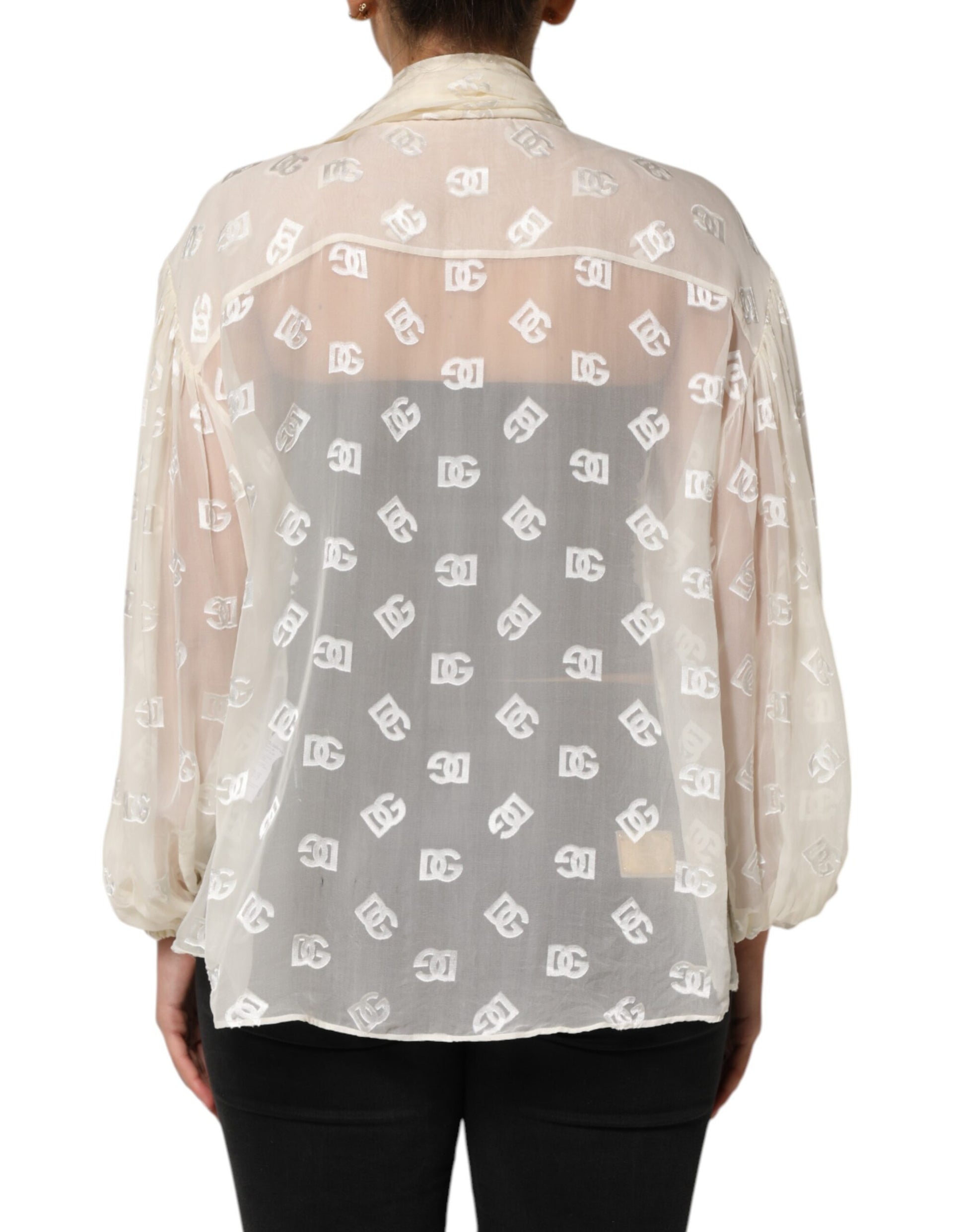 Dolce &amp; Gabbana – Oberteil mit Ascot-Kragen und Logo-Monogramm in gebrochenem Weiß