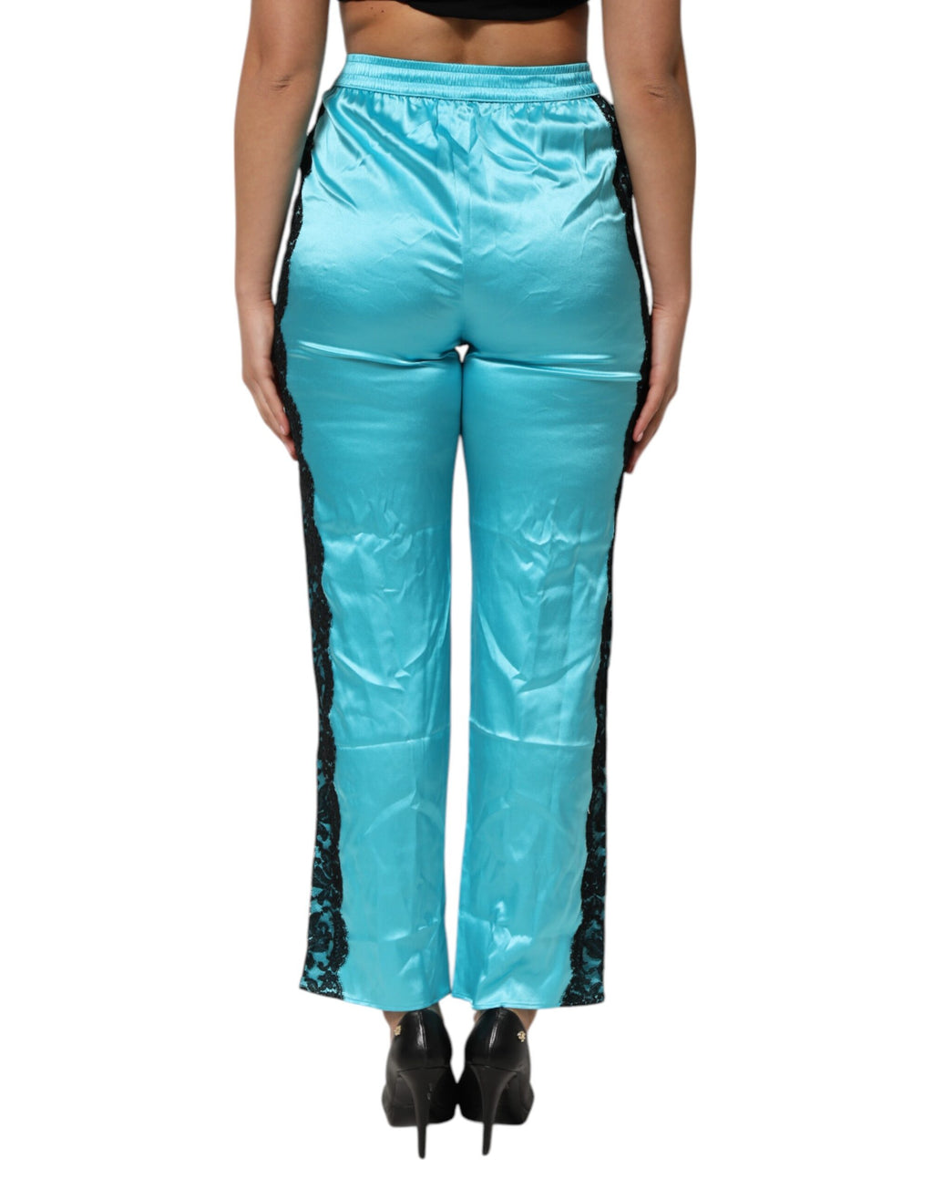 Pantalon de pyjama droit en soie bleue pour femme, avec jarretelles, Dolce & Gabbana