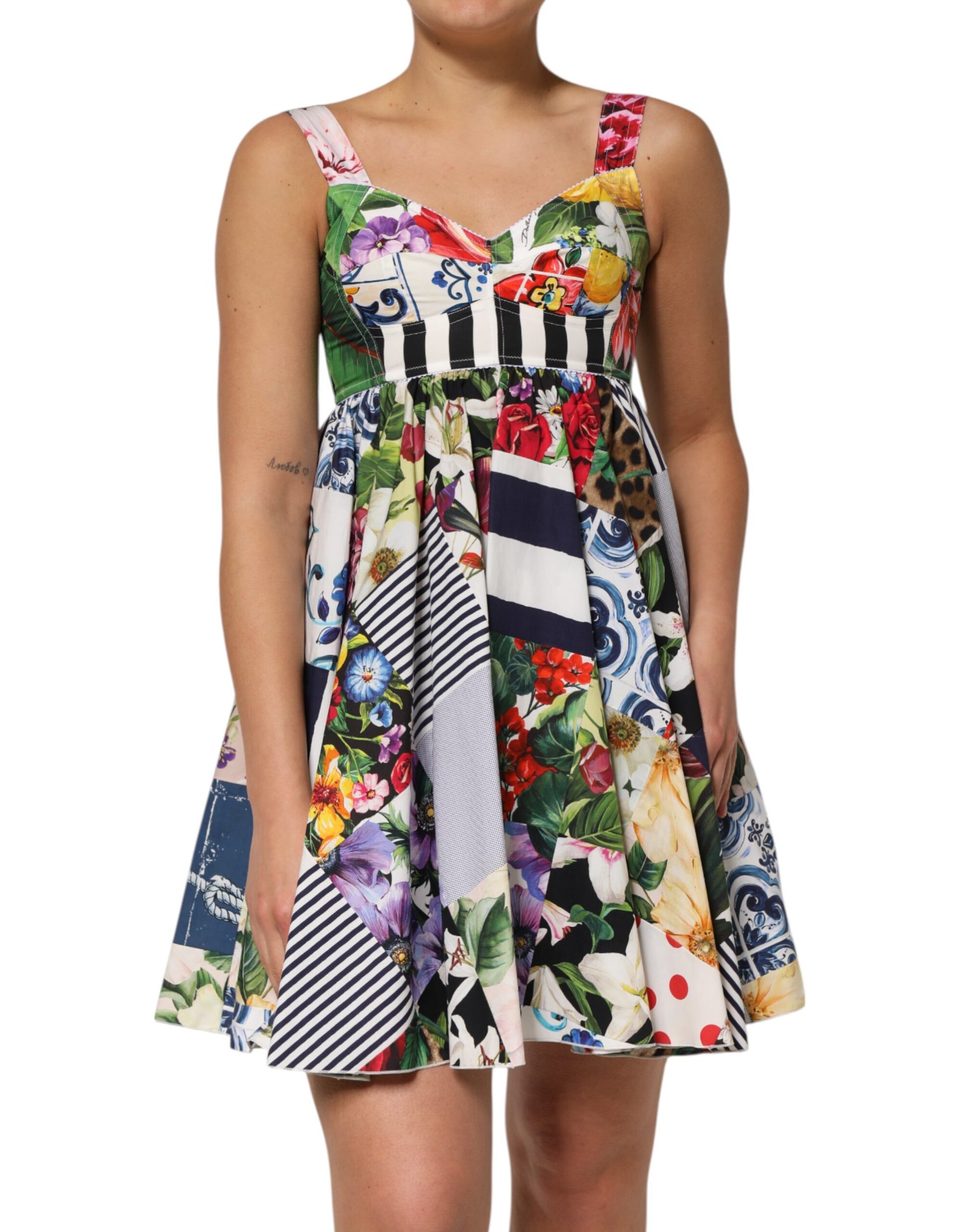 Dolce & Gabbana Robe Courte Trapèze en Coton Patchwork Multicolore
