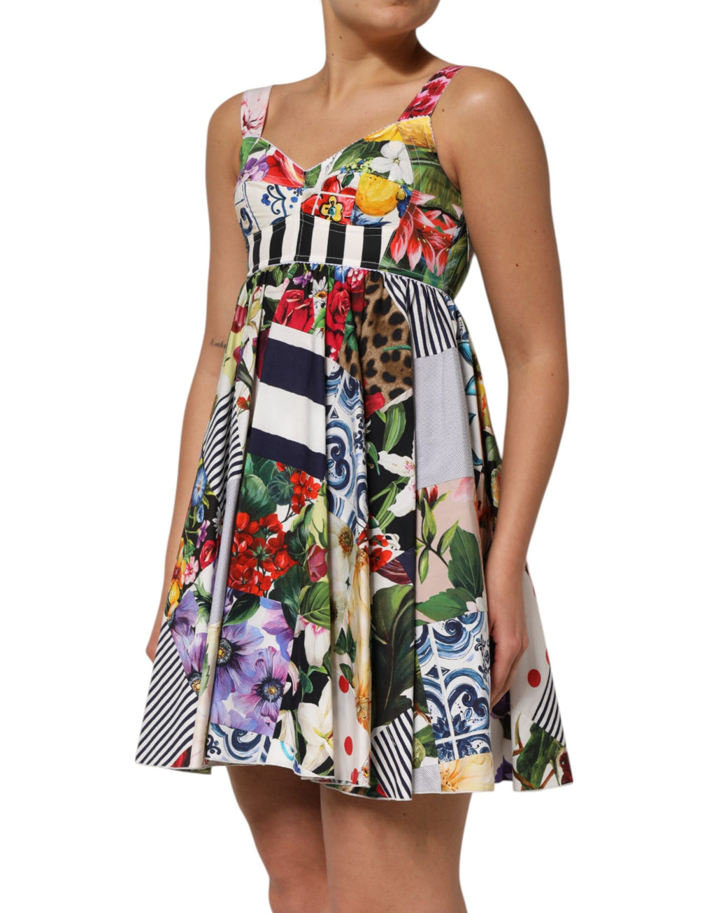 Dolce & Gabbana Robe Courte Trapèze en Coton Patchwork Multicolore