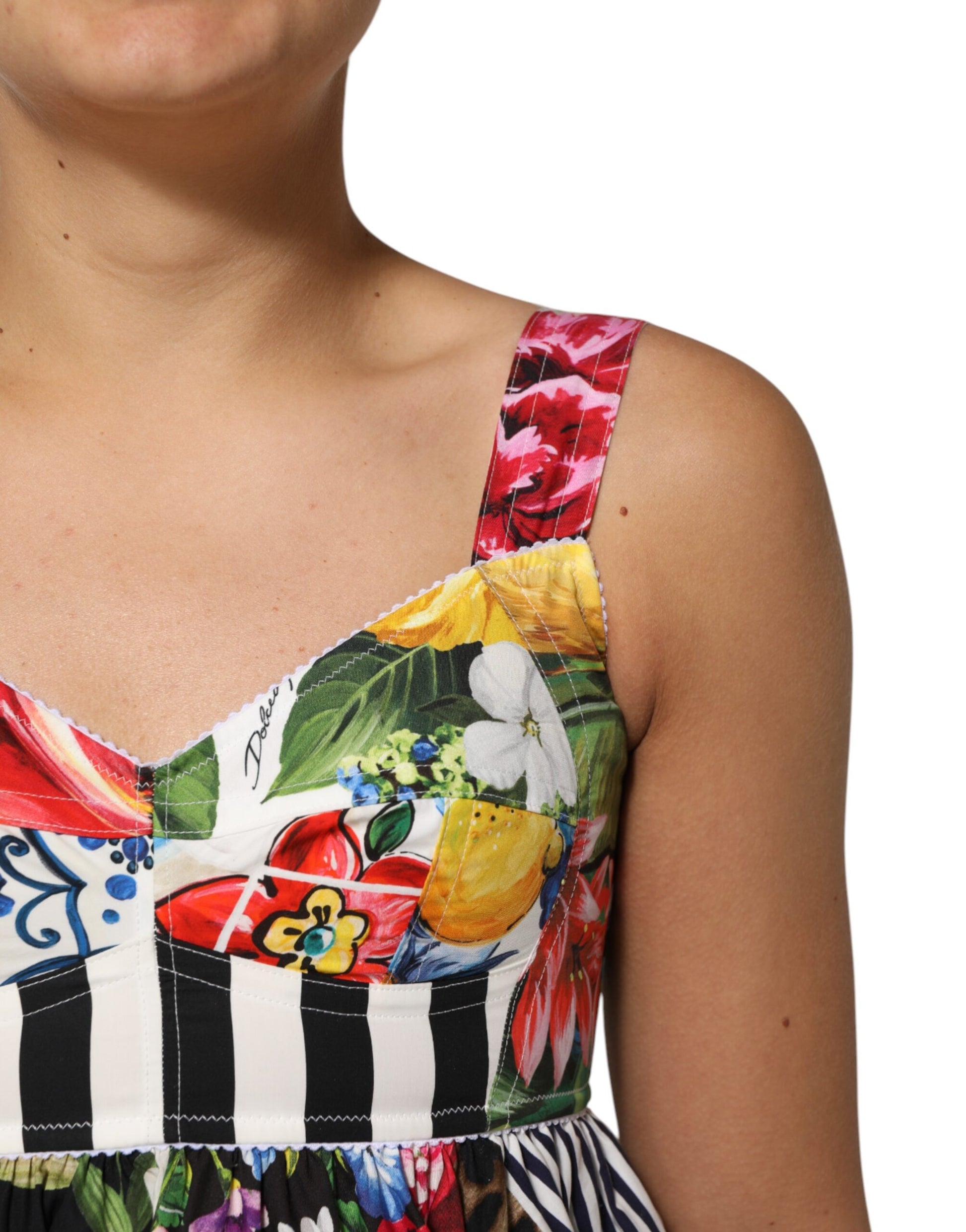 Dolce & Gabbana Robe Courte Trapèze en Coton Patchwork Multicolore