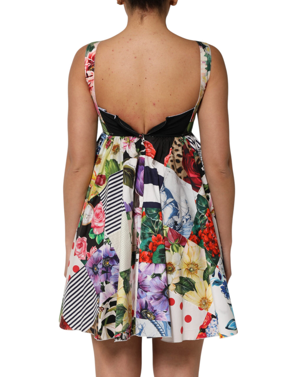Dolce & Gabbana Robe Courte Trapèze en Coton Patchwork Multicolore