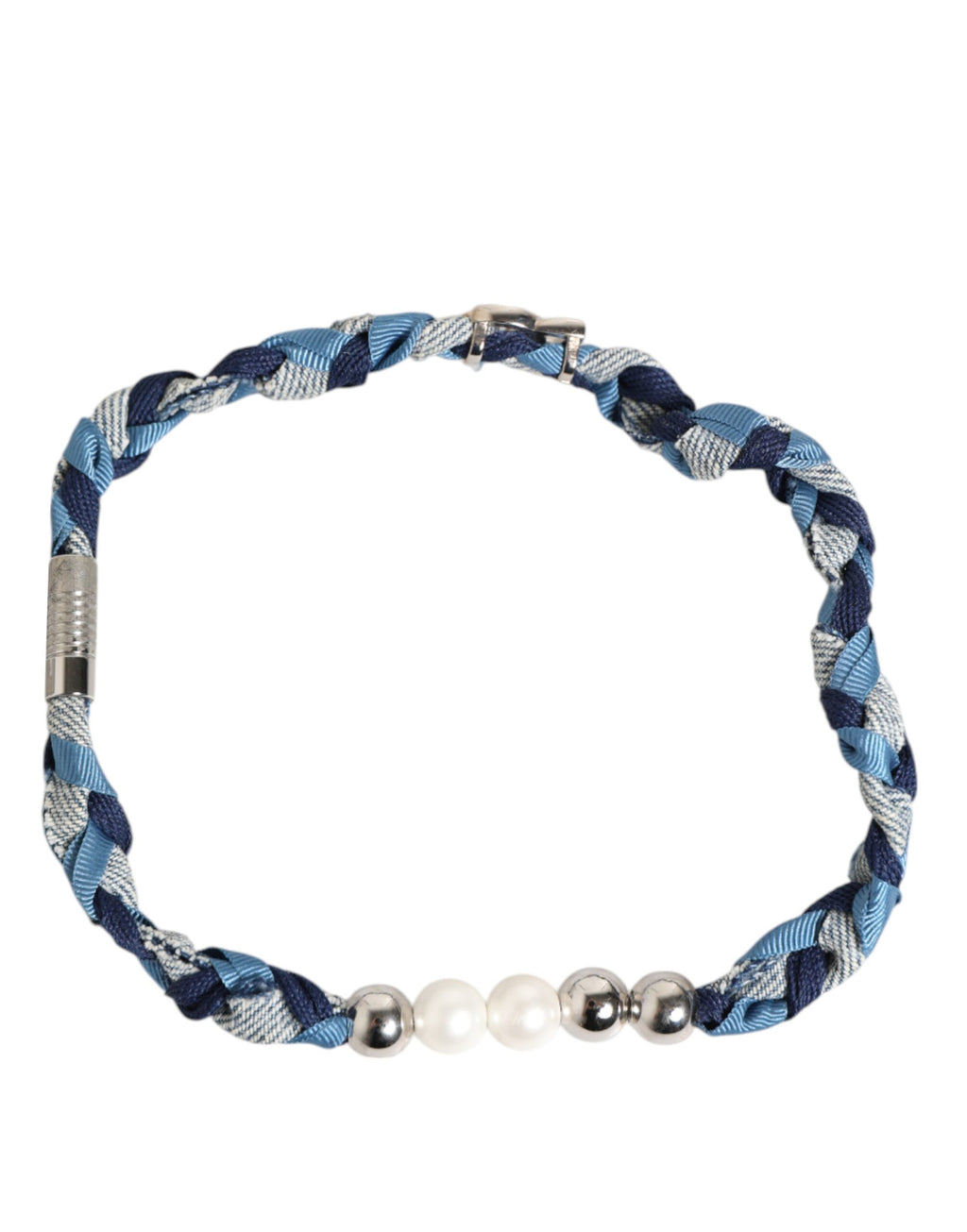 Dolce &amp; Gabbana Herrenarmband mit geflochtenem Logo und Perlen aus silbernem Metall in Blau und Weiß