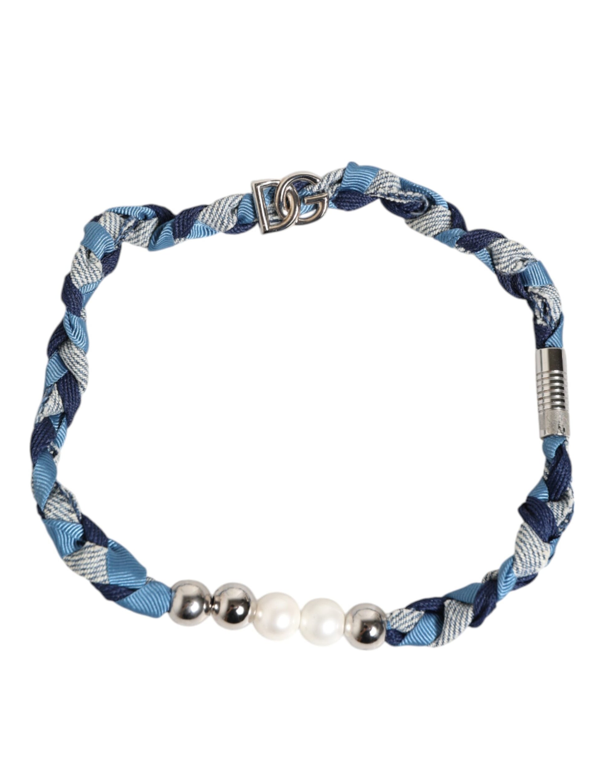 Dolce &amp; Gabbana Herrenarmband mit geflochtenem Logo und Perlen aus silbernem Metall in Blau und Weiß