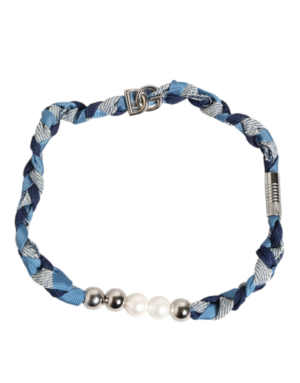 Dolce &amp; Gabbana Herrenarmband mit geflochtenem Logo und Perlen aus silbernem Metall in Blau und Weiß