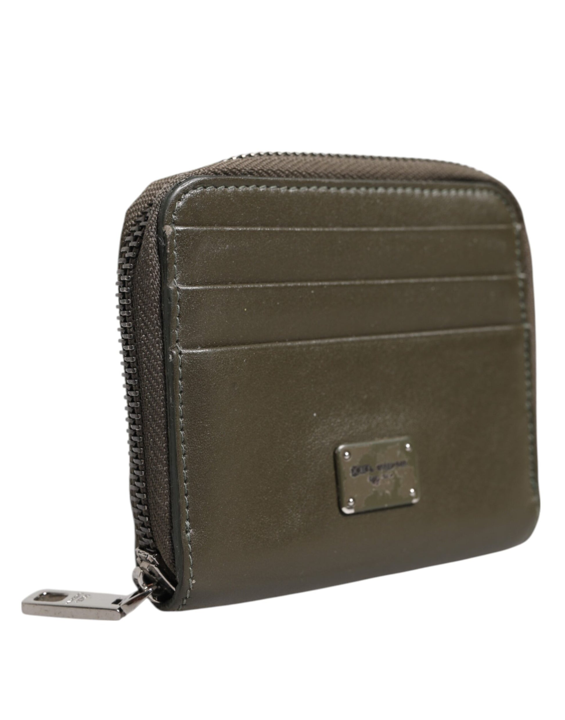 Porte-cartes et porte-monnaie en cuir marron avec plaque logo Dolce & Gabbana