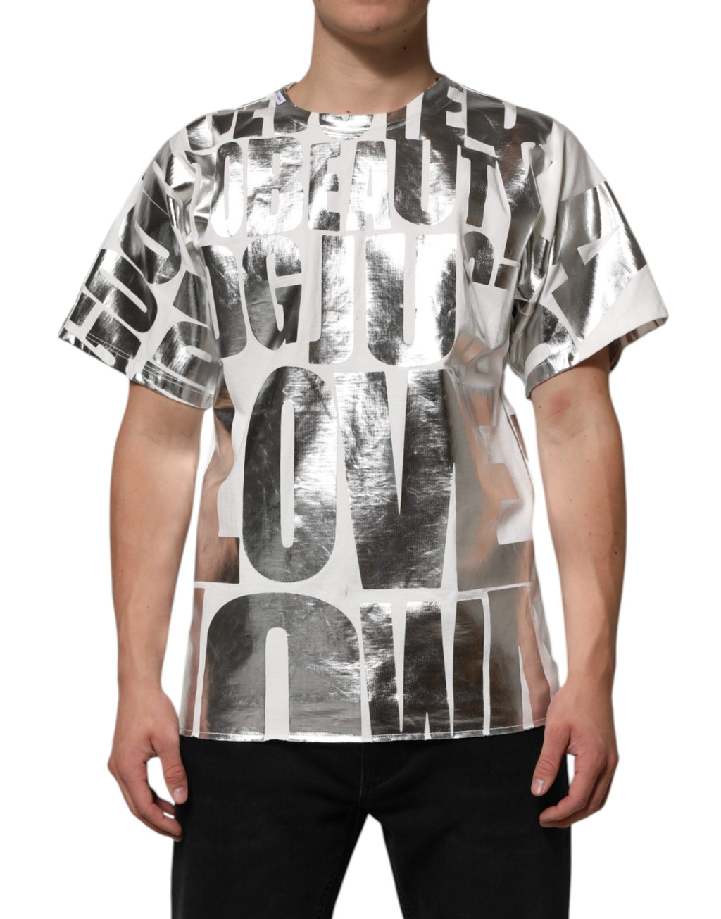 T-shirt col rond en coton imprimé métallisé blanc Dolce & Gabbana