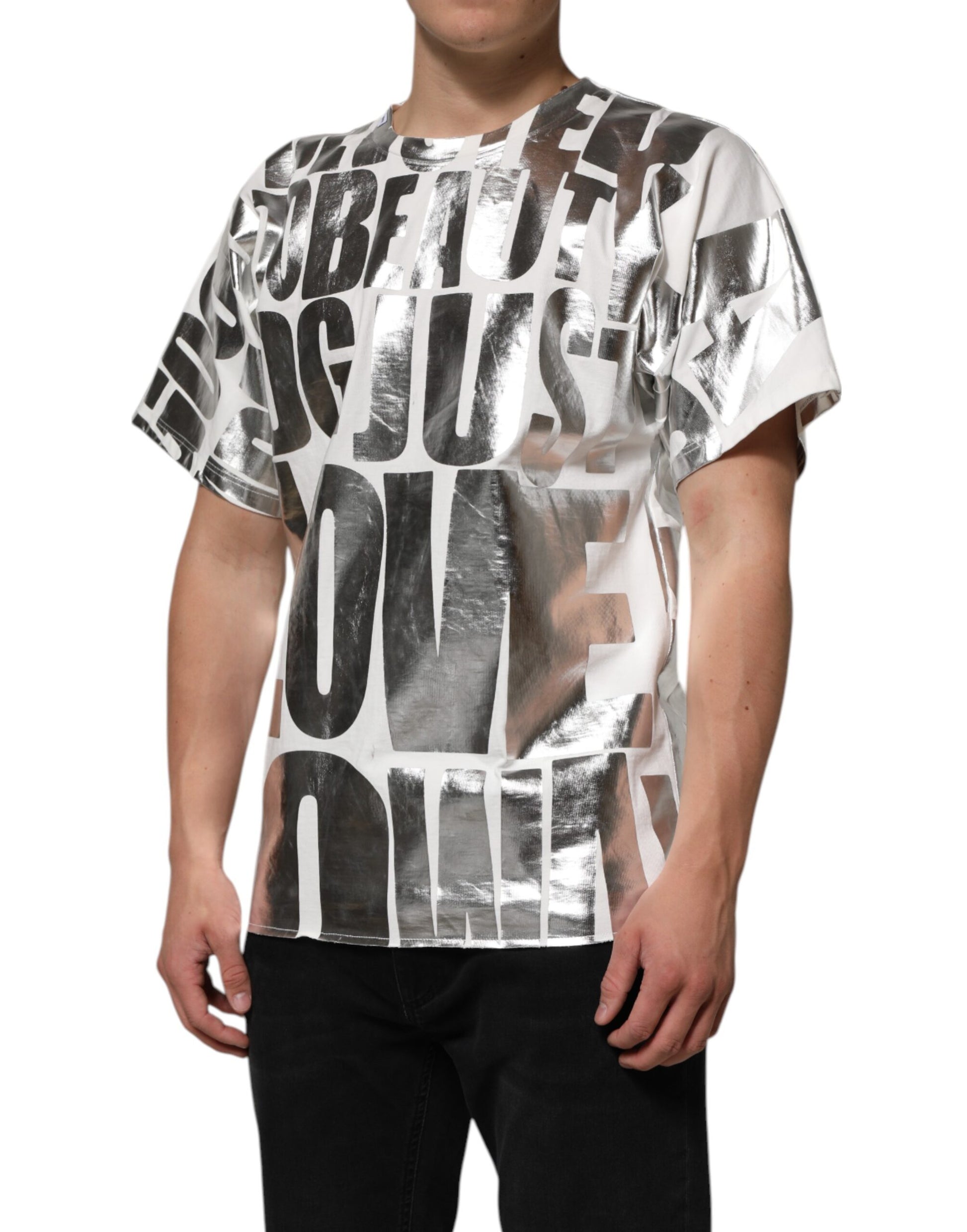 T-shirt col rond en coton imprimé métallisé blanc Dolce & Gabbana