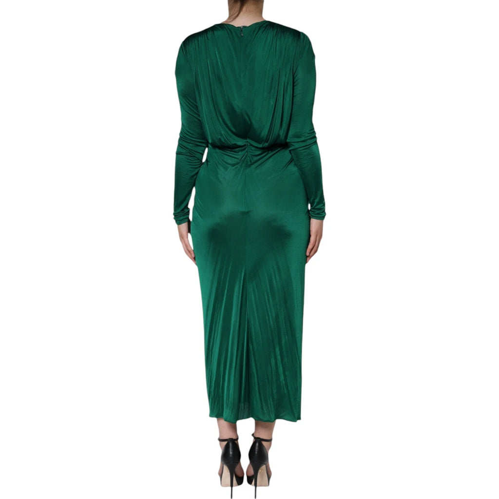 Dolce & Gabbana Dunkelgrünes Viskose Midikleid mit langen Ärmeln