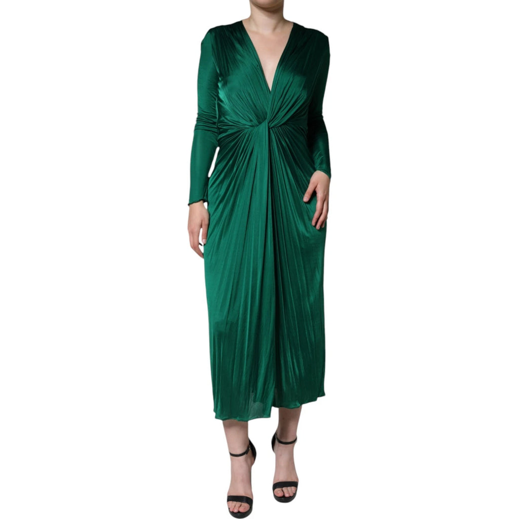 Dolce & Gabbana Dunkelgrünes Viskose Midikleid mit langen Ärmeln