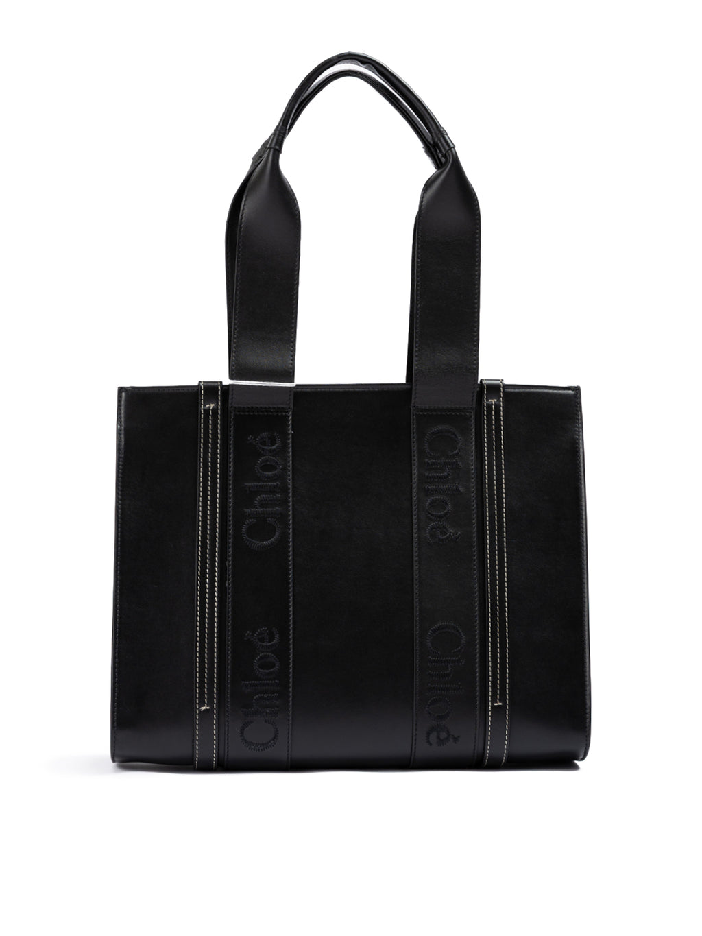 Chloé – Schwarze Woody – Mittelgroße Tragetasche aus Leder mit gesticktem Logo