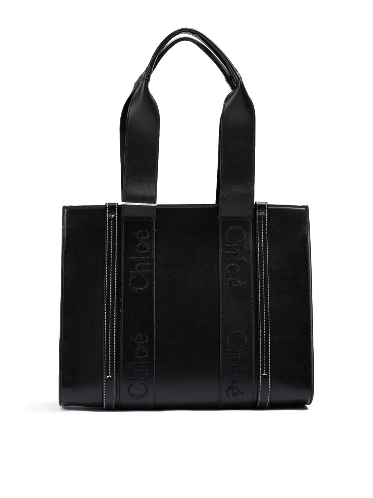 Chloé – Schwarze Woody – Mittelgroße Tragetasche aus Leder mit gesticktem Logo