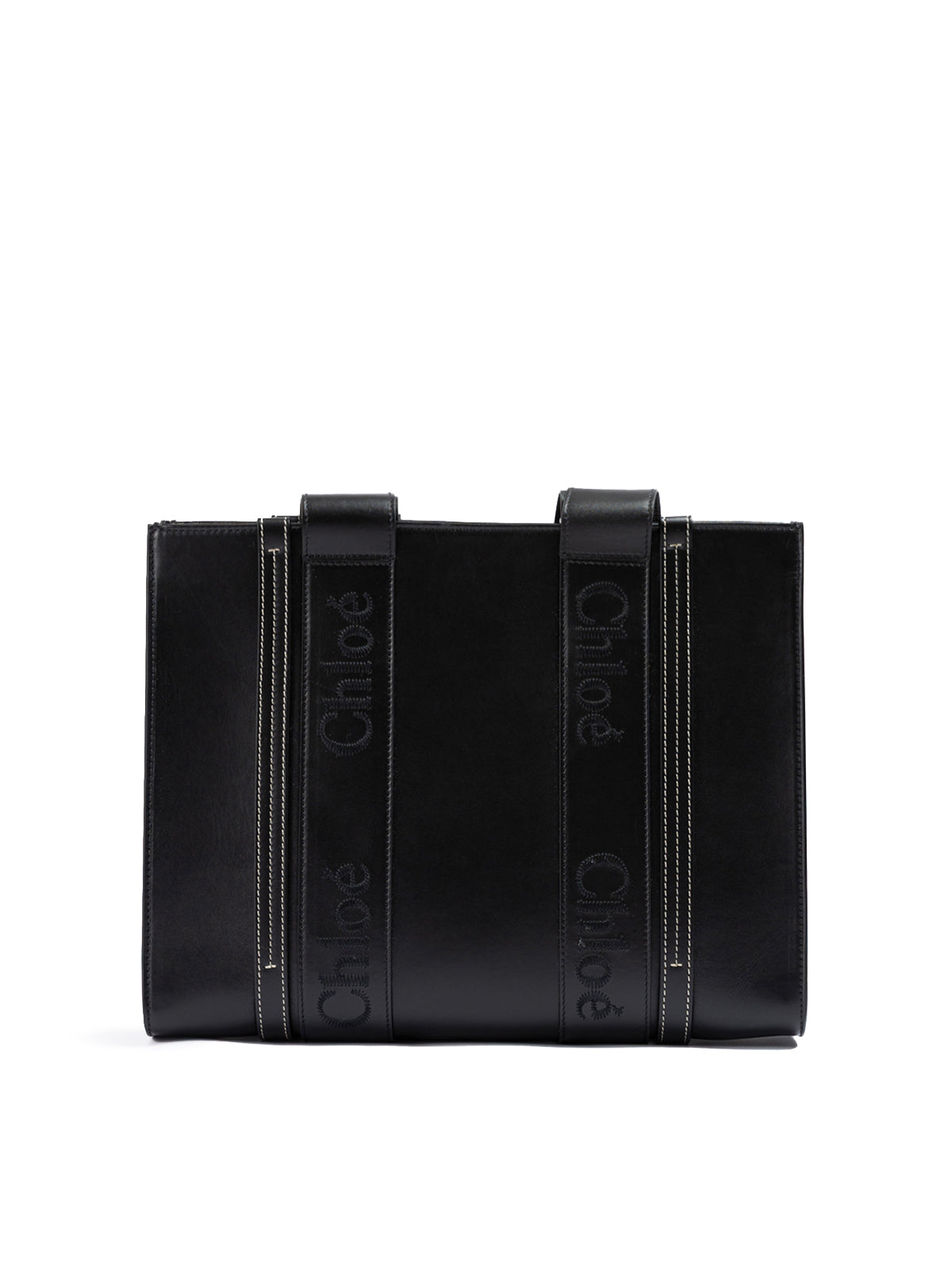 Chloé – Schwarze Woody – Mittelgroße Tragetasche aus Leder mit gesticktem Logo