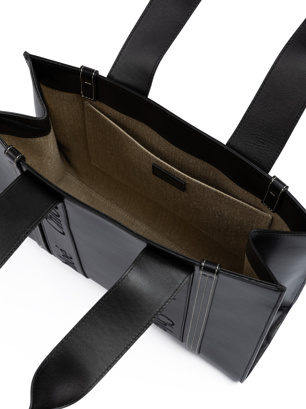 Chloé – Schwarze Woody – Mittelgroße Tragetasche aus Leder mit gesticktem Logo