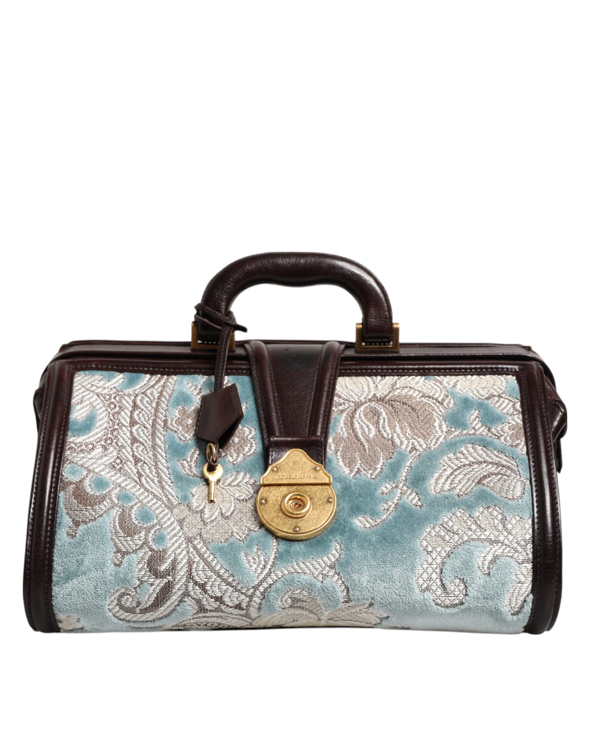 Sac à main de voyage Dolce & Gabbana en cuir marron et jacquard floral bleu