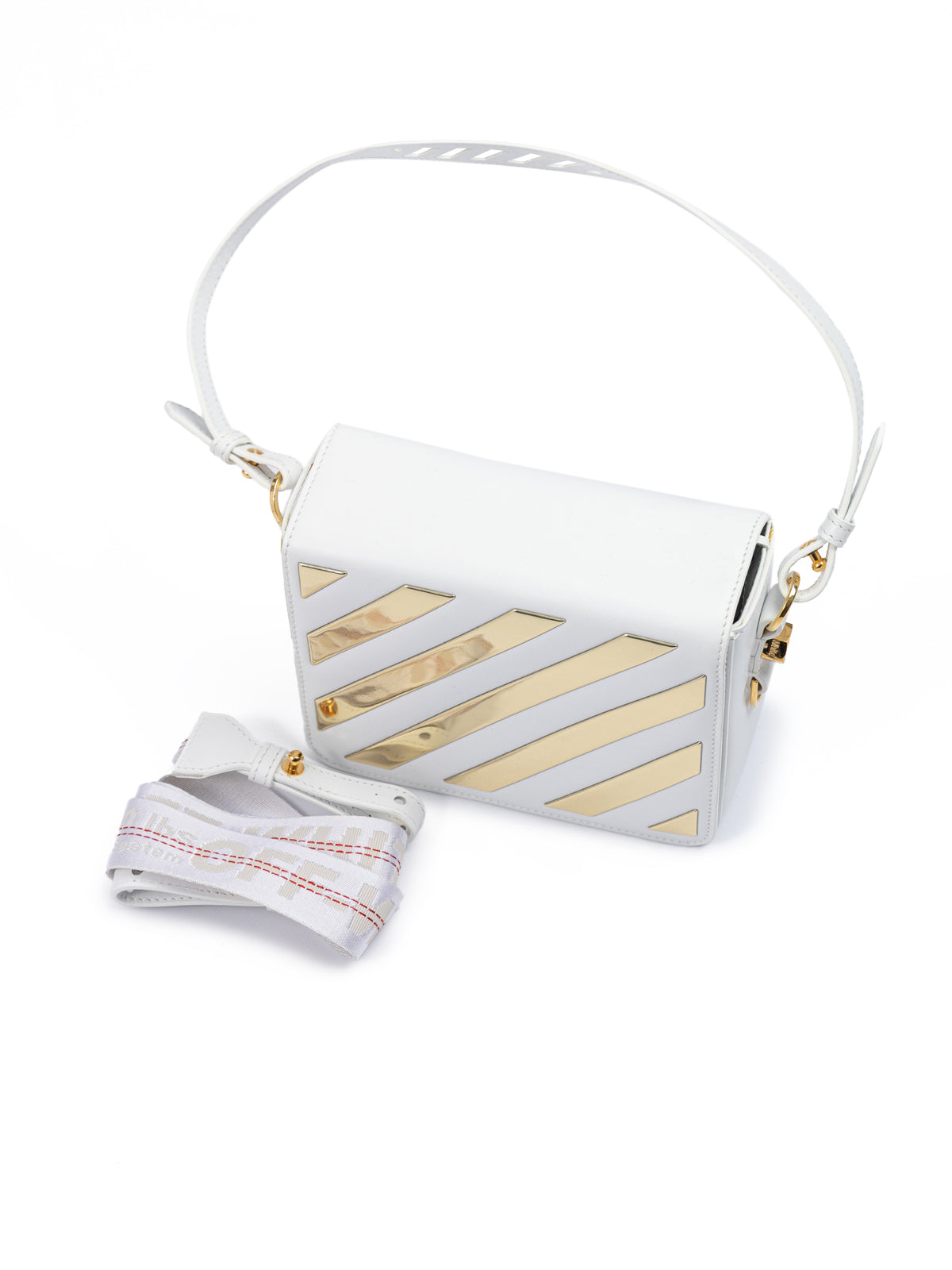 Off-White – Umhängetasche mit Streifen in Weiß/Gold-Metallic