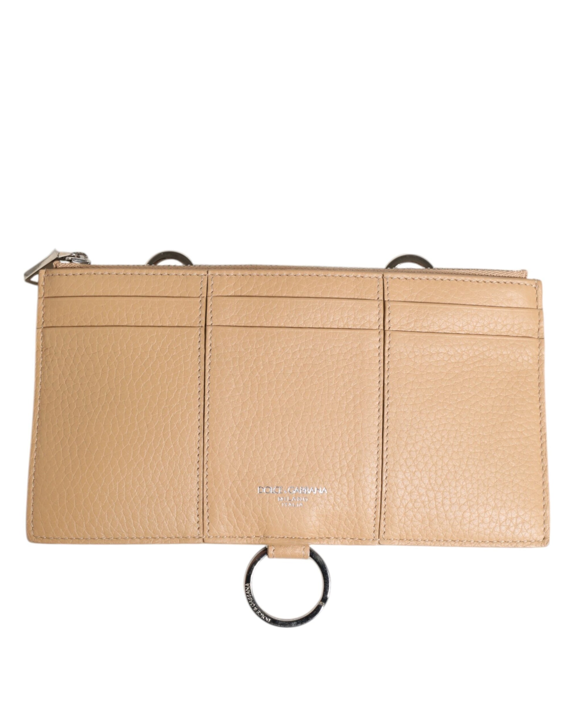 Portefeuille porte-cartes bandoulière large en cuir de veau beige Dolce & Gabbana