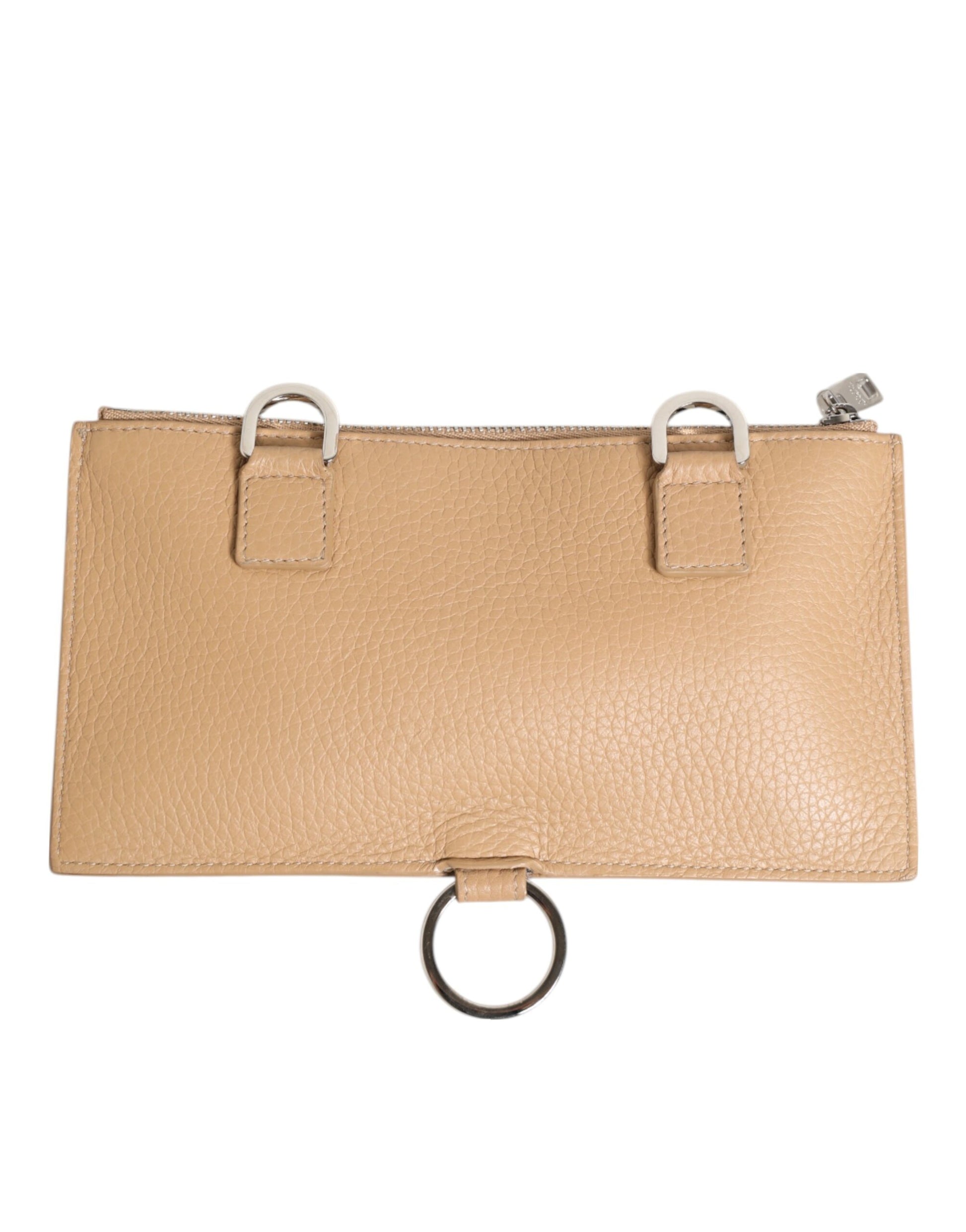 Portefeuille porte-cartes bandoulière large en cuir de veau beige Dolce & Gabbana