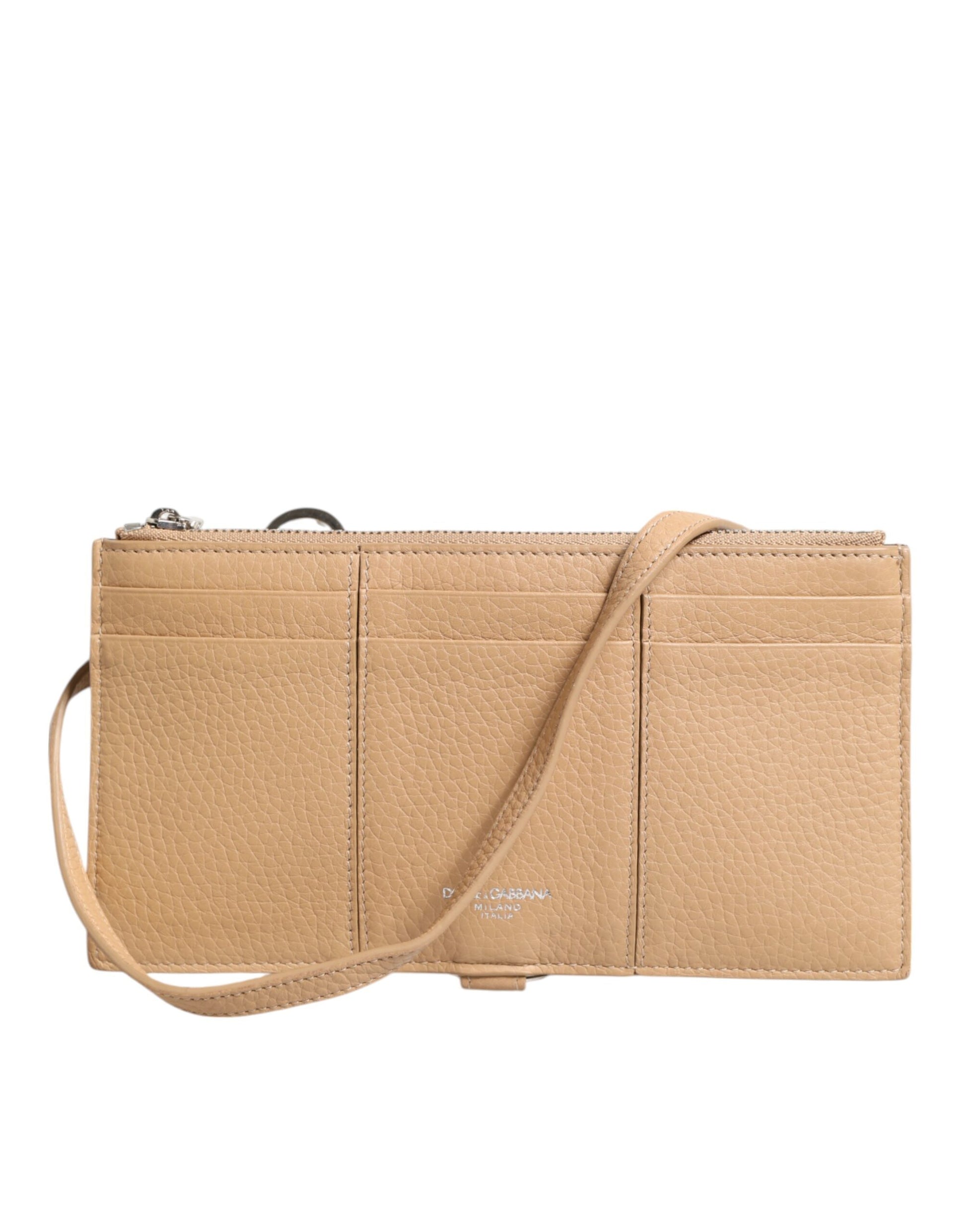 Portefeuille porte-cartes bandoulière large en cuir de veau beige Dolce & Gabbana