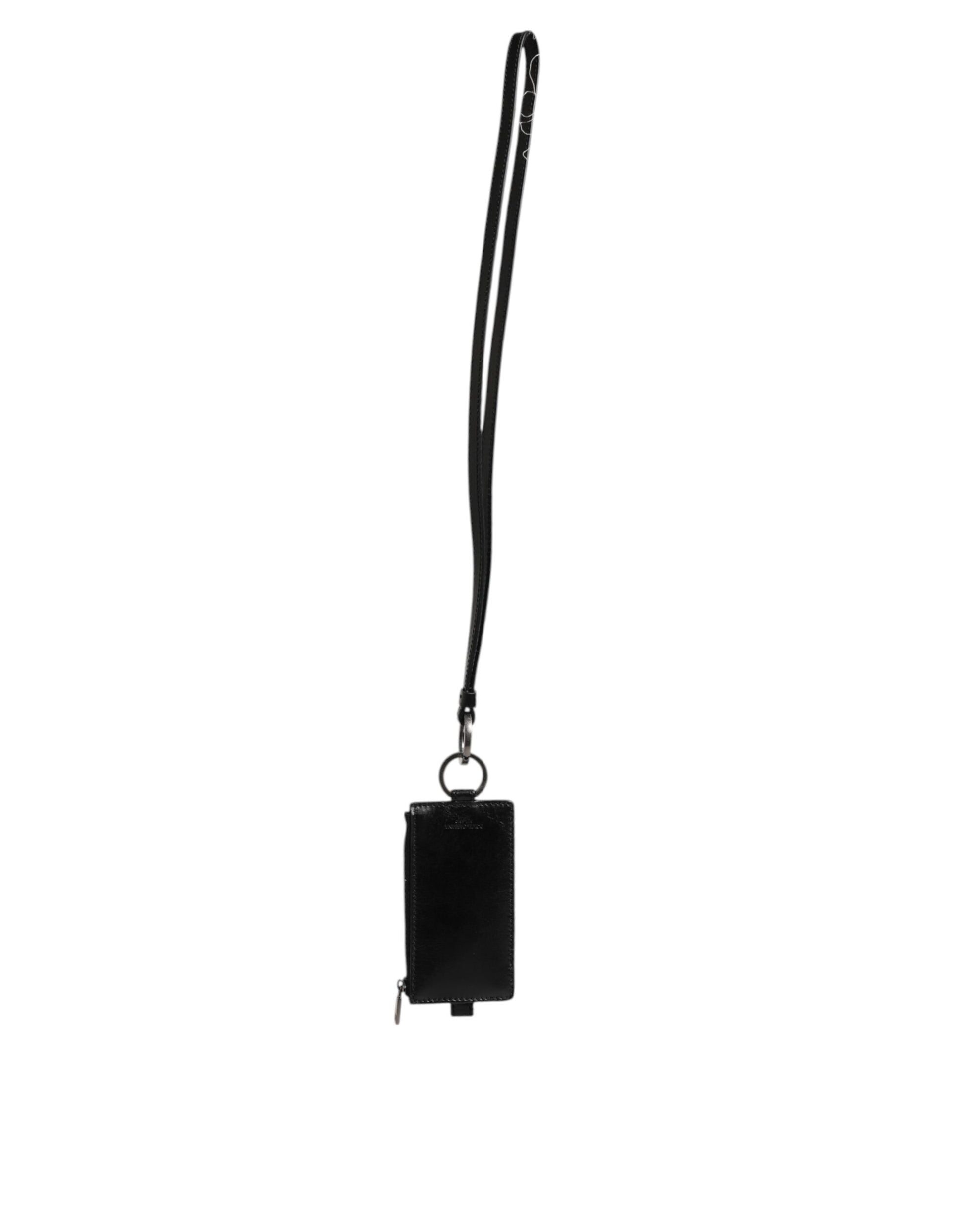 Dolce & Gabbana Porte-cartes portefeuille lanière en cuir noir avec logo embossé