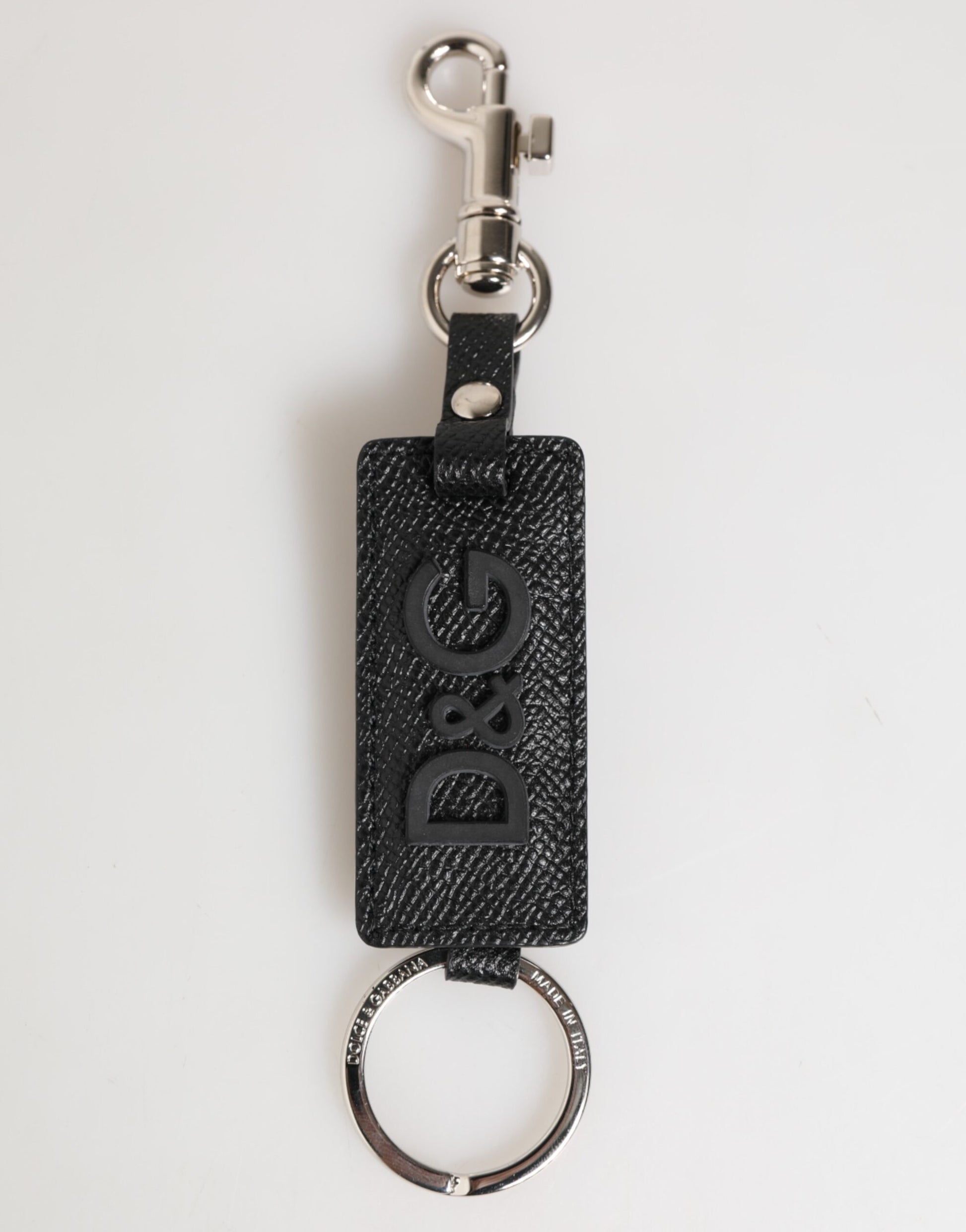 Dolce & Gabbana Black Leather Logo Metal Ring Keychain Holder Keyring