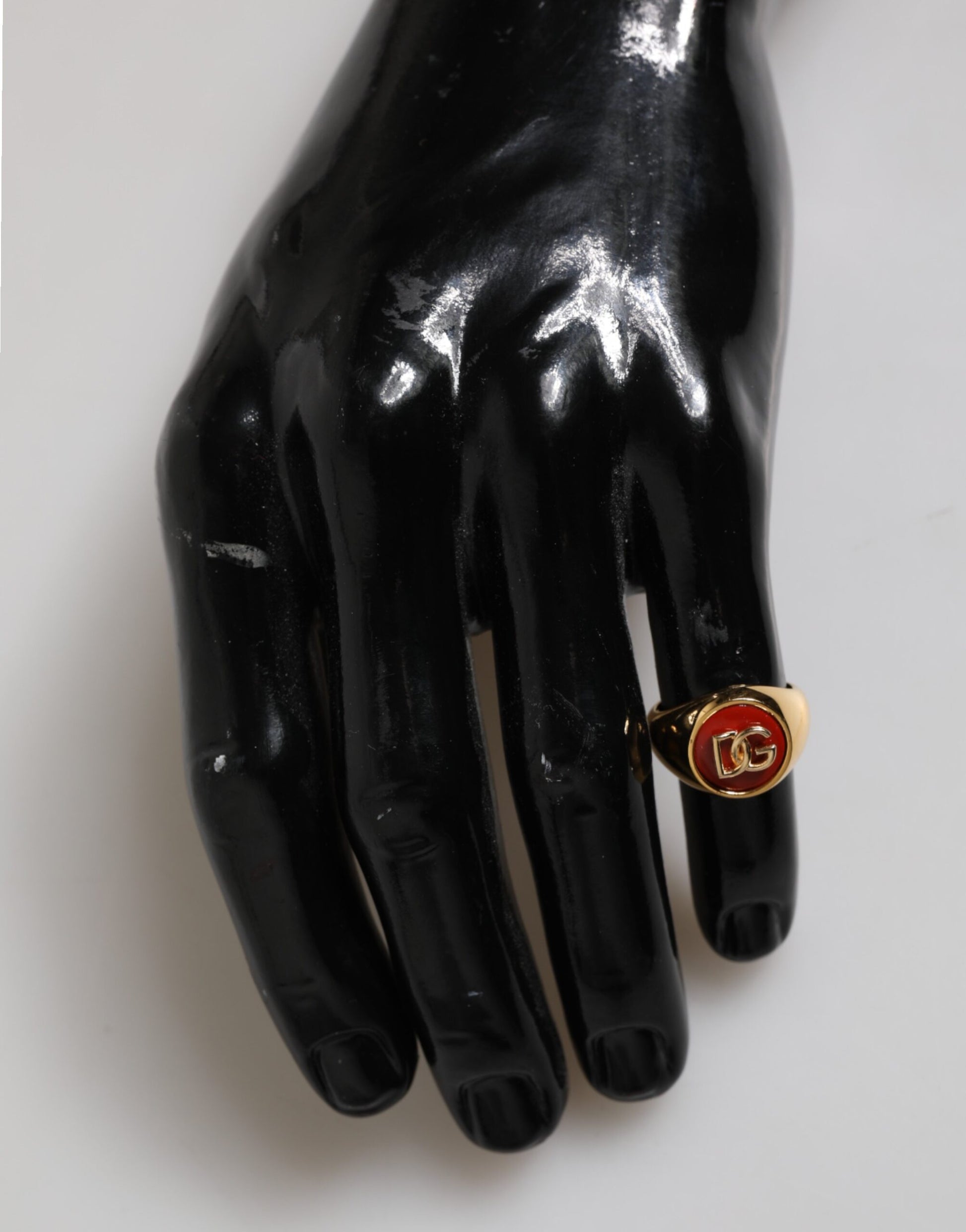 Dolce & Gabbana Gold Tone Real Brass Round Red DG Logo Men Ring