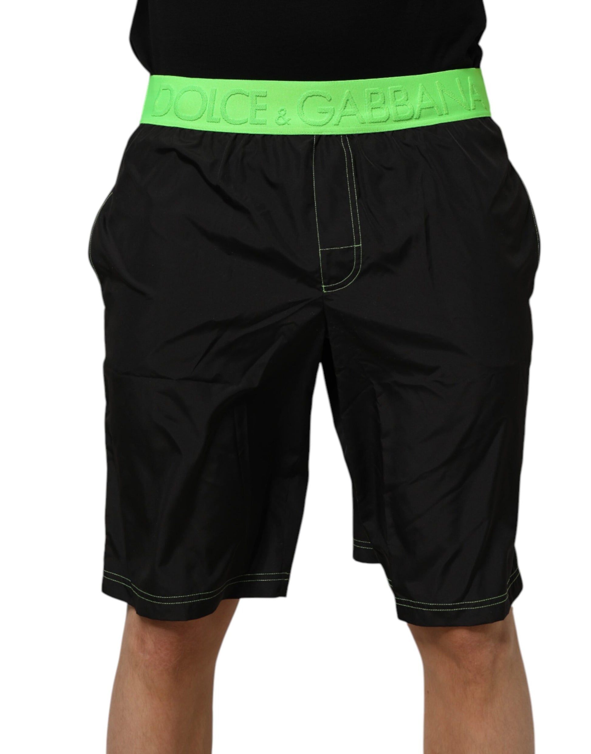 Short de bain Dolce & Gabbana Beachwear avec logo vert sur la ceinture, noir