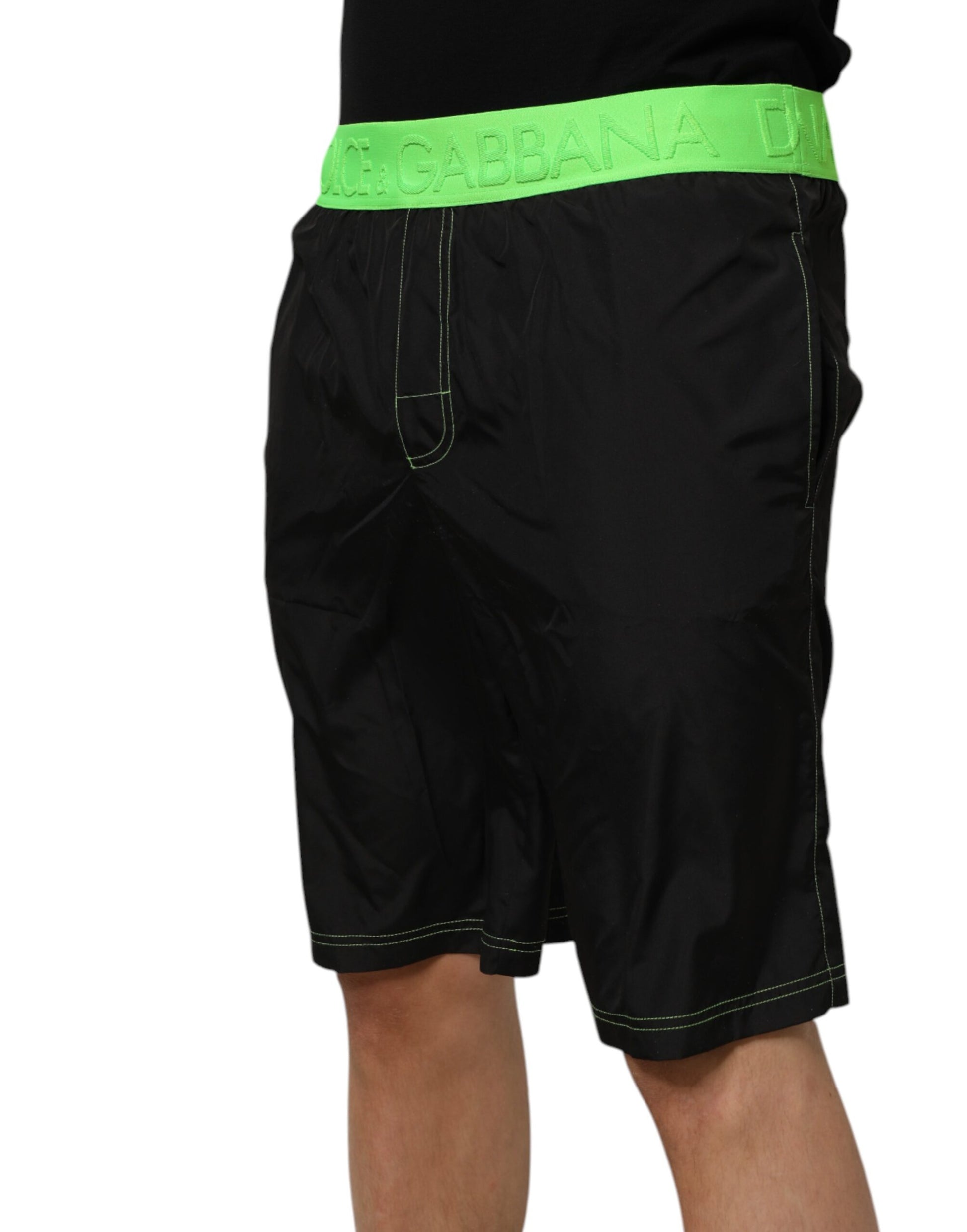 Short de bain Dolce & Gabbana Beachwear avec logo vert sur la ceinture, noir