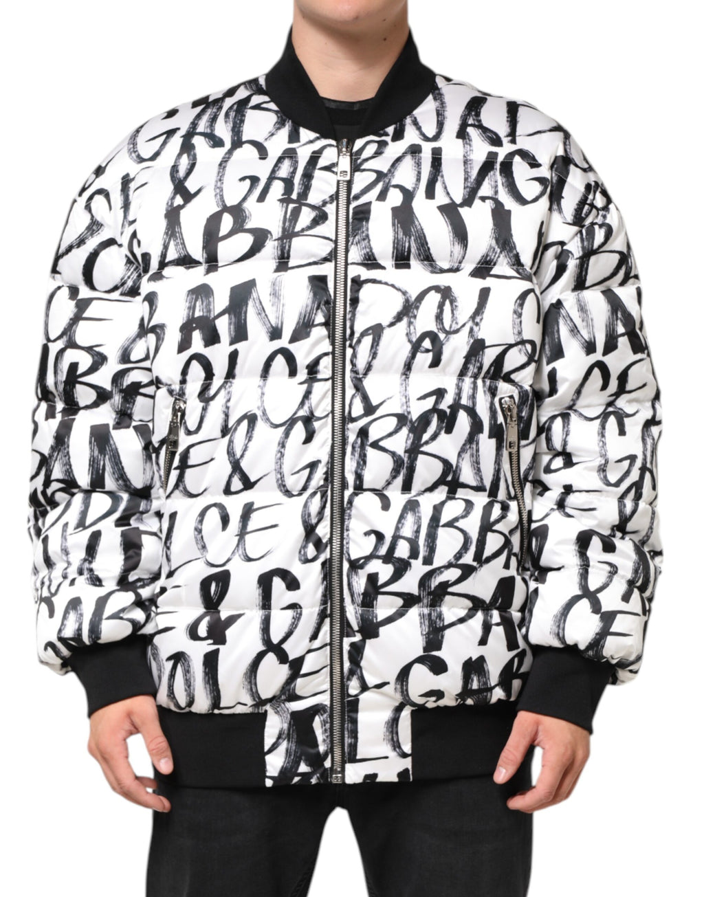 Dolce & Gabbana Doudoune Bomber Blanche à Logo Graffiti Noire