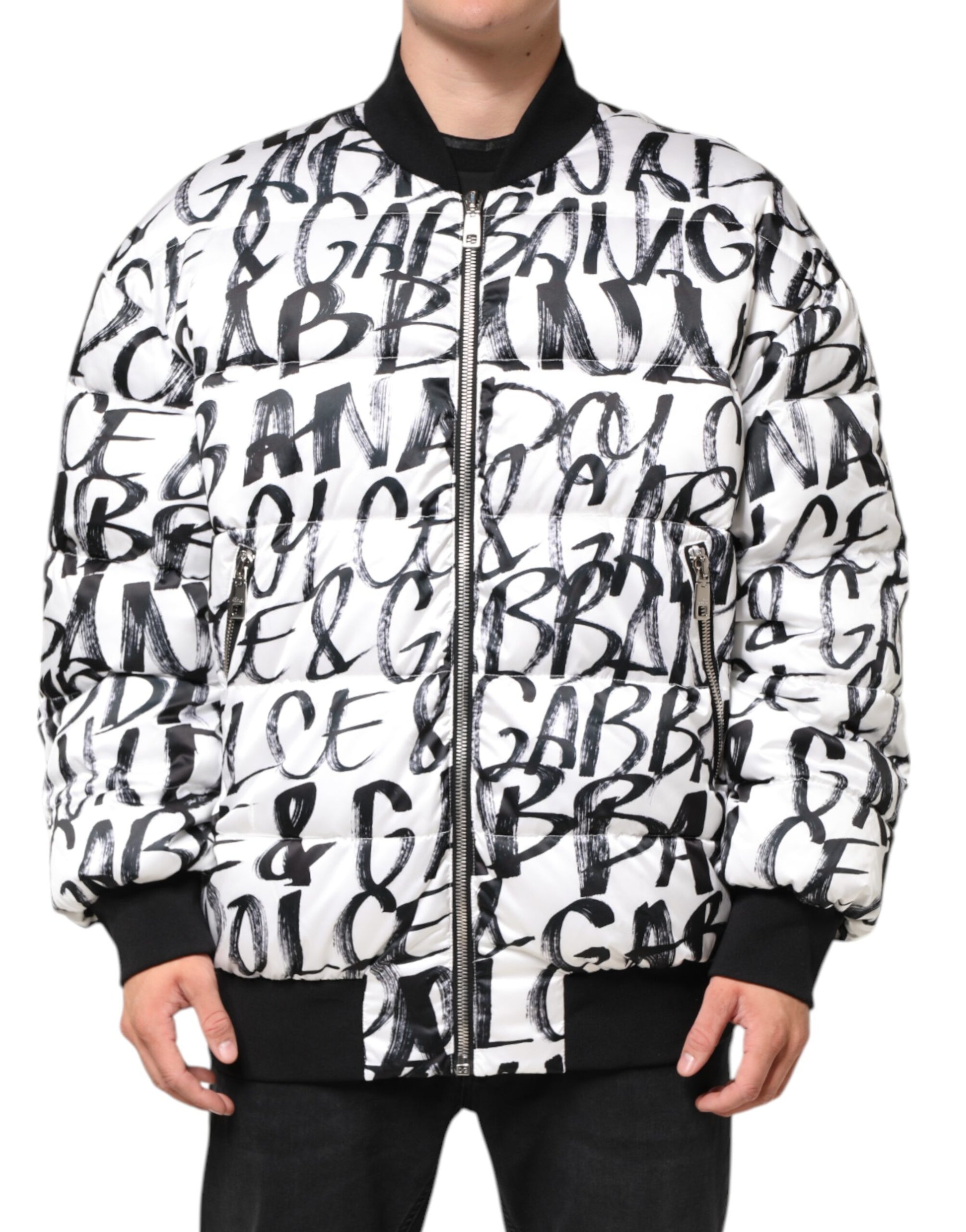 Dolce & Gabbana Doudoune Bomber Blanche à Logo Graffiti Noire