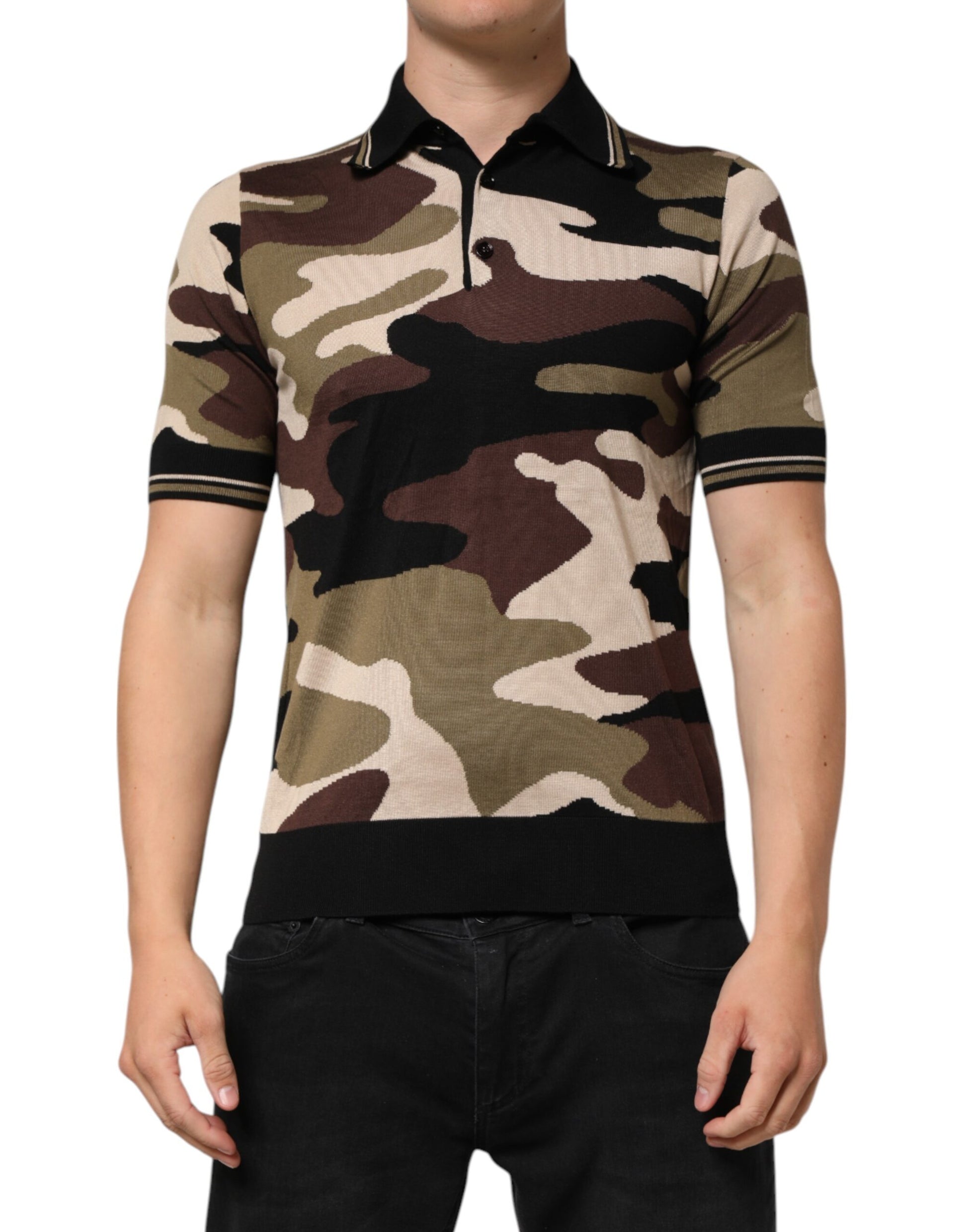 T-shirt Polo Militaire en Soie Marron Camouflage Dolce & Gabbana