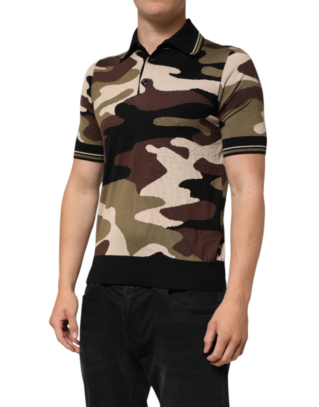 T-shirt Polo Militaire en Soie Marron Camouflage Dolce & Gabbana