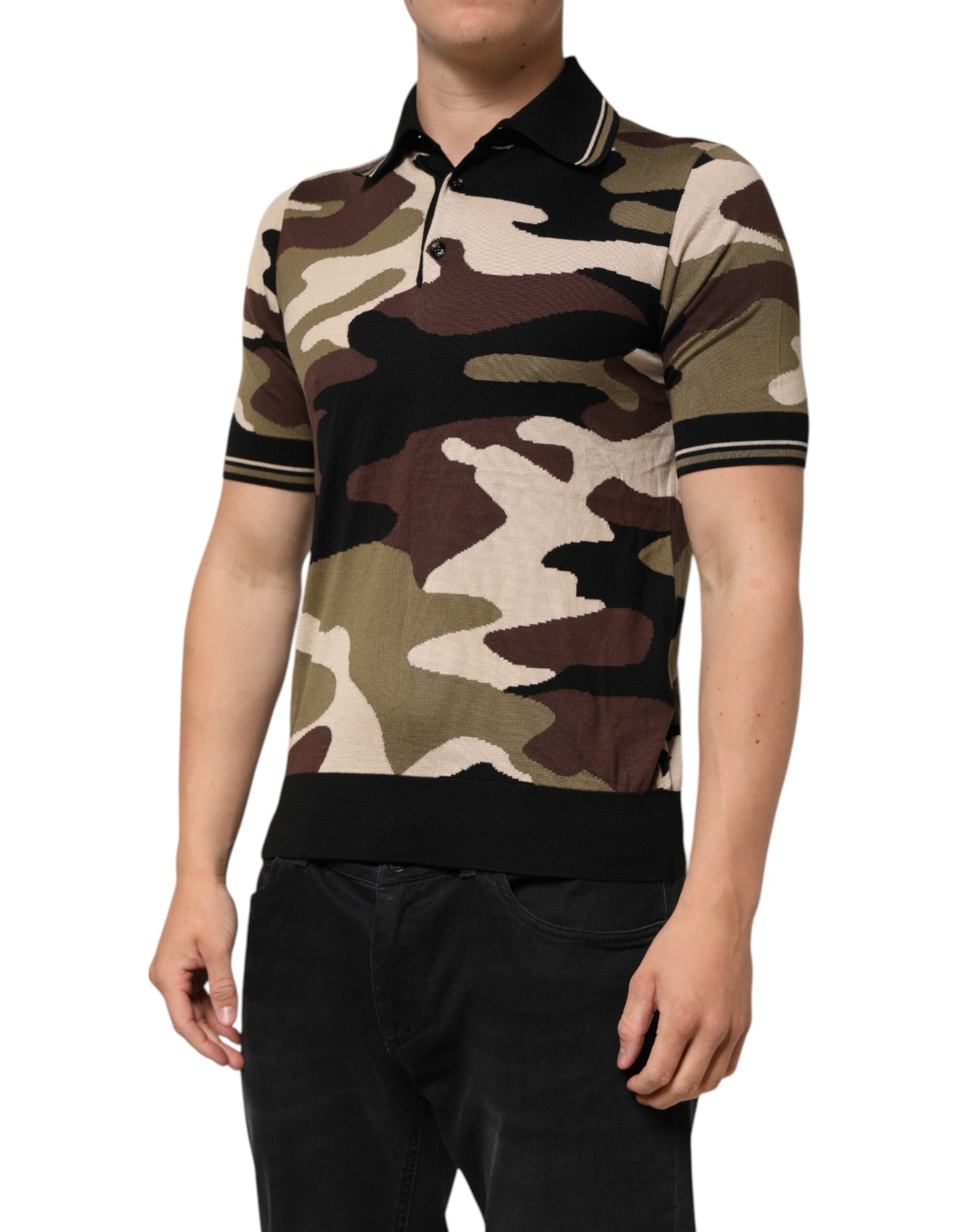 T-shirt Polo Militaire en Soie Marron Camouflage Dolce & Gabbana