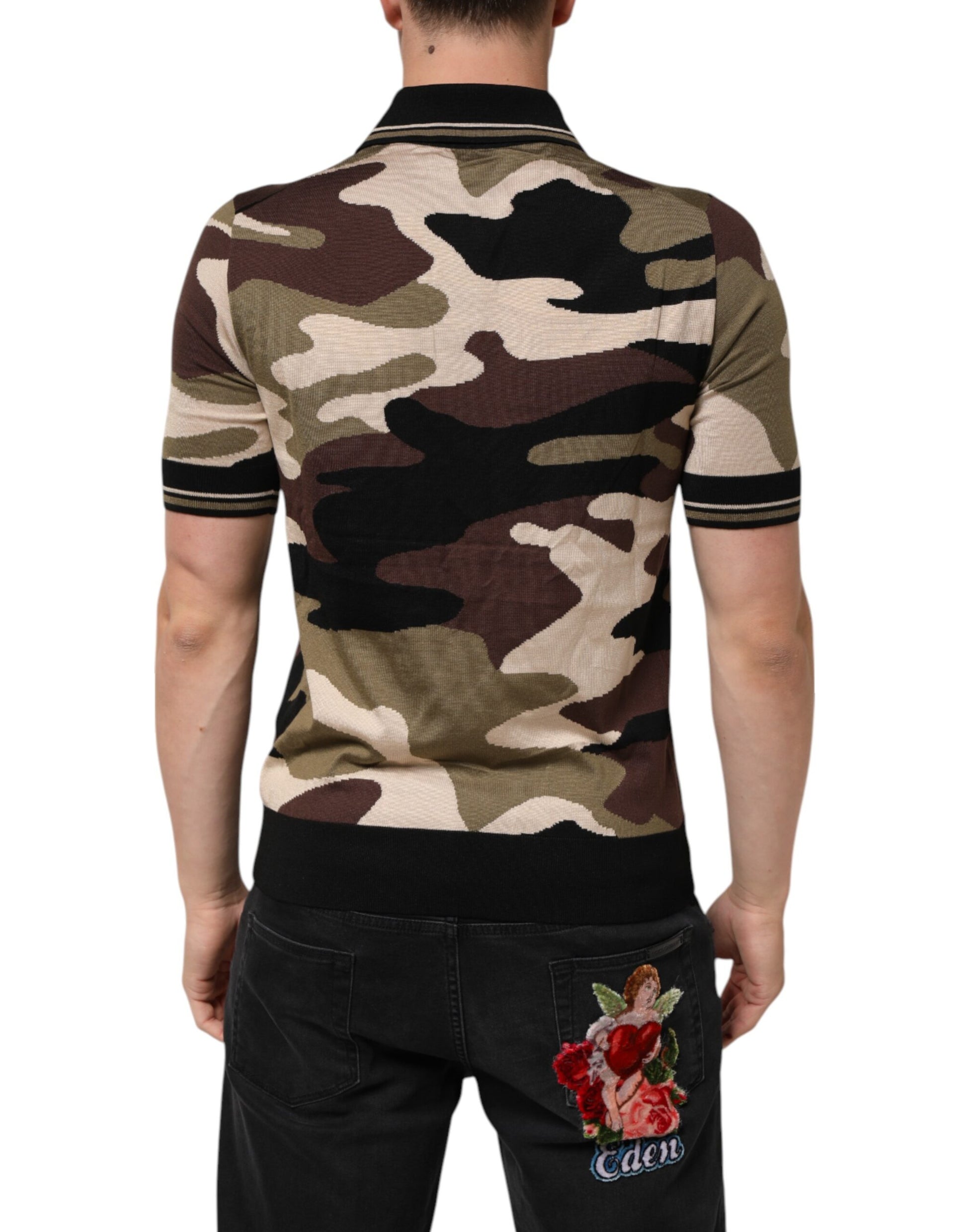 T-shirt Polo Militaire en Soie Marron Camouflage Dolce & Gabbana