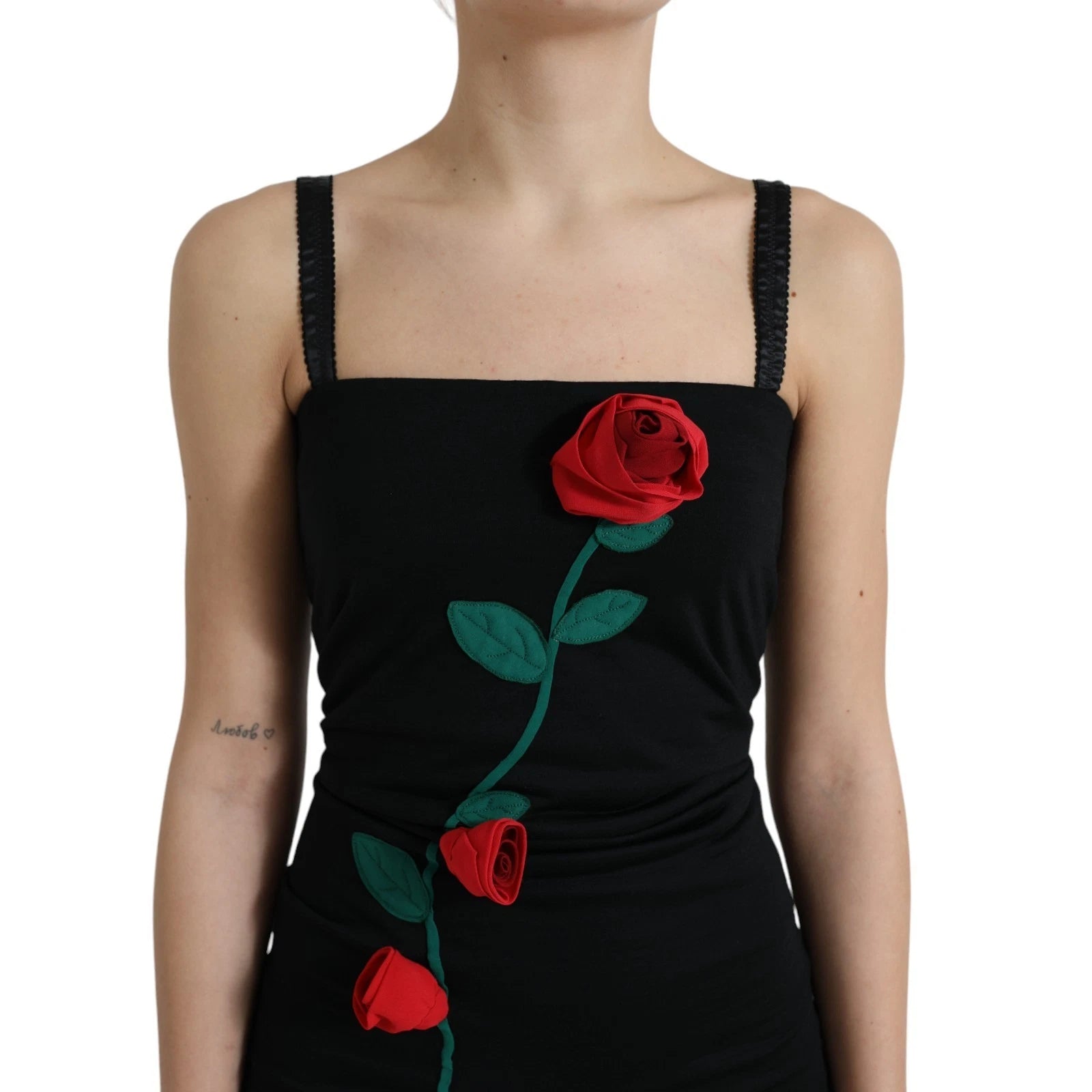 Robe sans manches en laine noire Dolce & Gabbana avec application rose