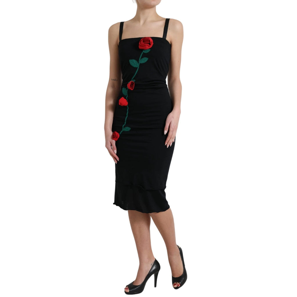 Robe sans manches en laine noire Dolce & Gabbana avec application rose