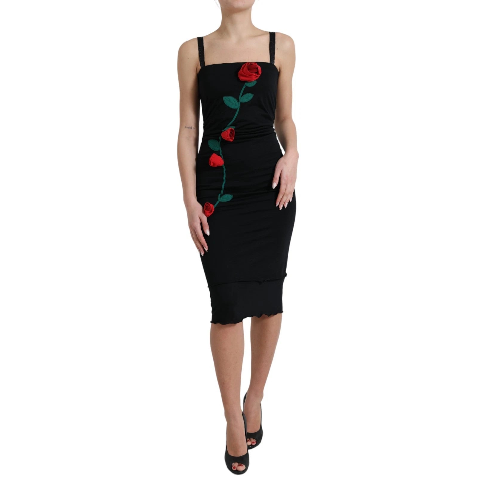 Robe sans manches en laine noire Dolce & Gabbana avec application rose