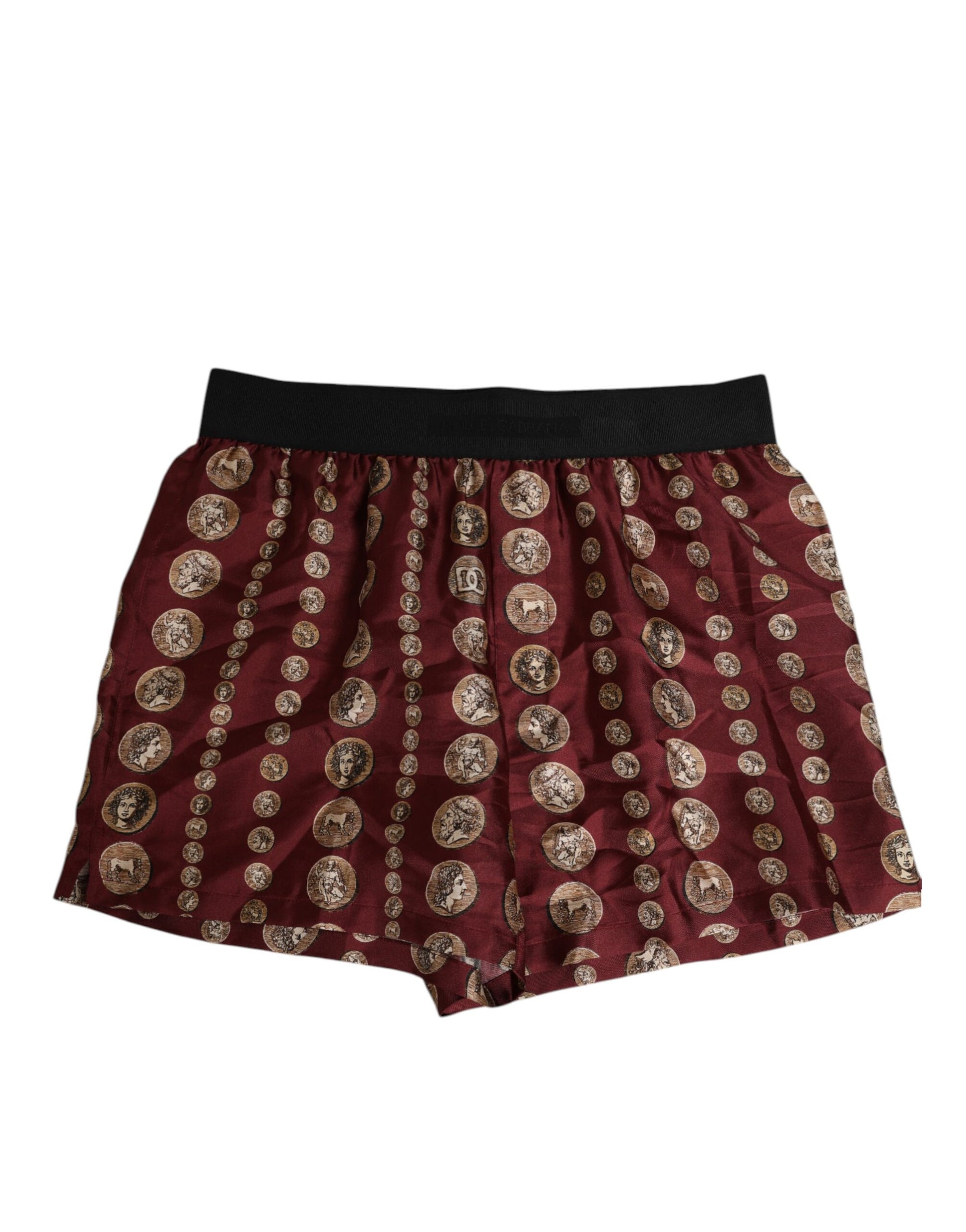 Dolce & Gabbana Caleçon de bain boxer pour homme en soie bordeaux imprimé pièces de monnaie