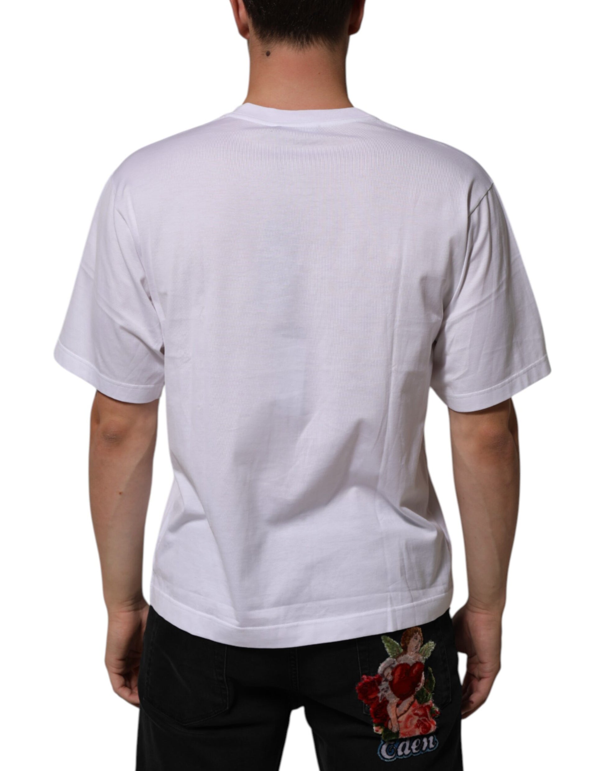 T-shirt blanc en coton à col rond avec écusson logo Dolce & Gabbana pour homme