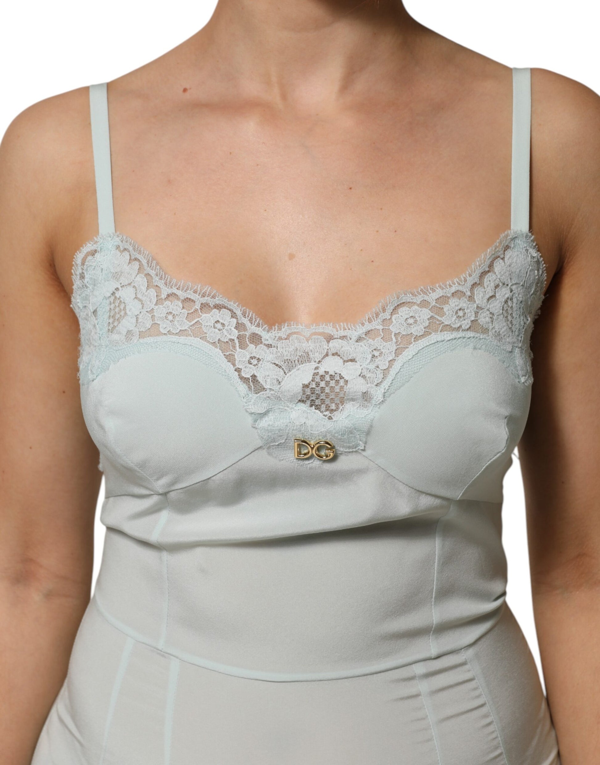 Robe nuisette moulante midi en soie et dentelle bleu clair Dolce & Gabbana