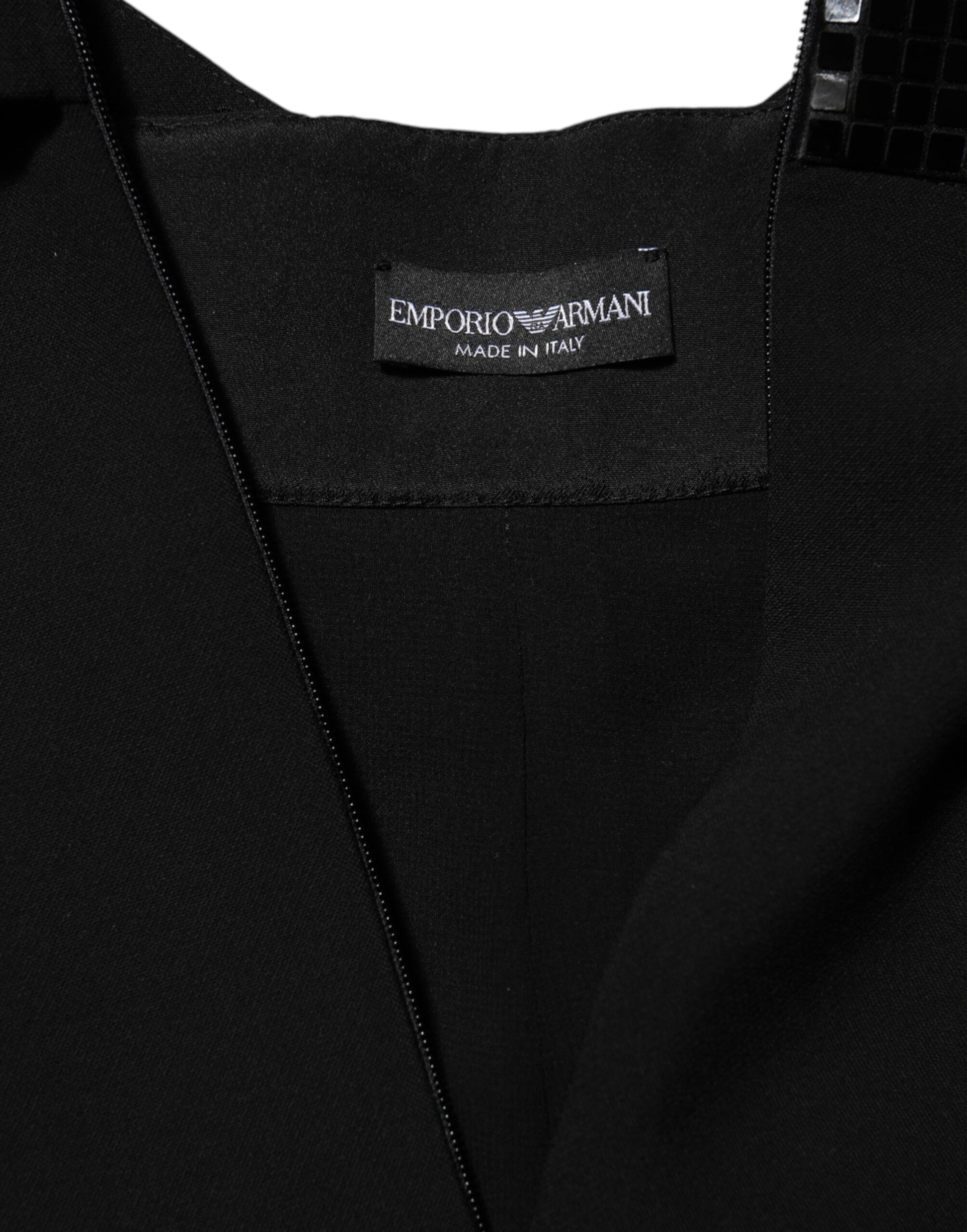 Robe courte Emporio Armani noire à encolure en V, manches transparentes et ceinture