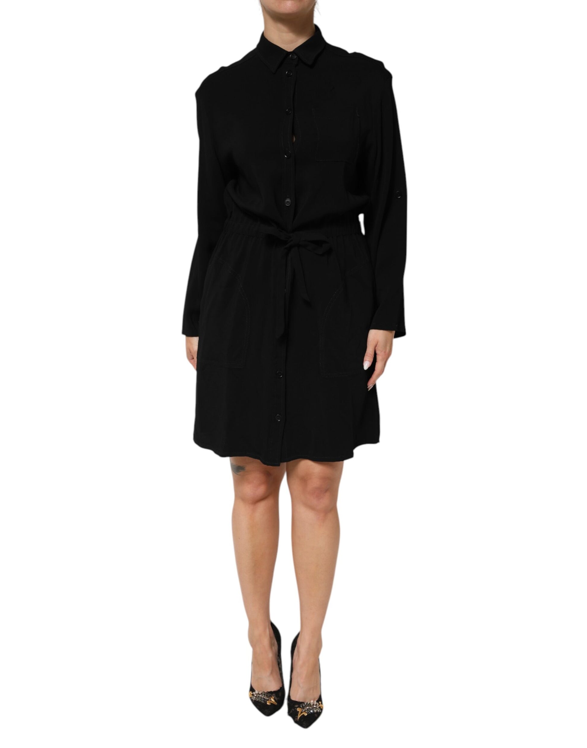 Robe Emporio Armani Noire en Mélange de Viscose Ceinturée Façon Chemise