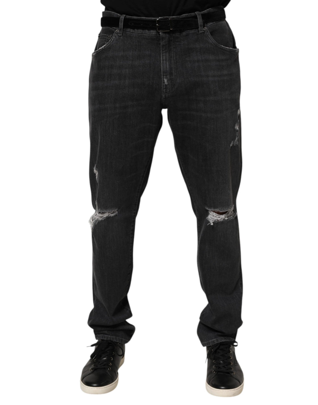Dolce & Gabbana Jean Slim Effet Usé Noir en Coton avec Logo Déchiré