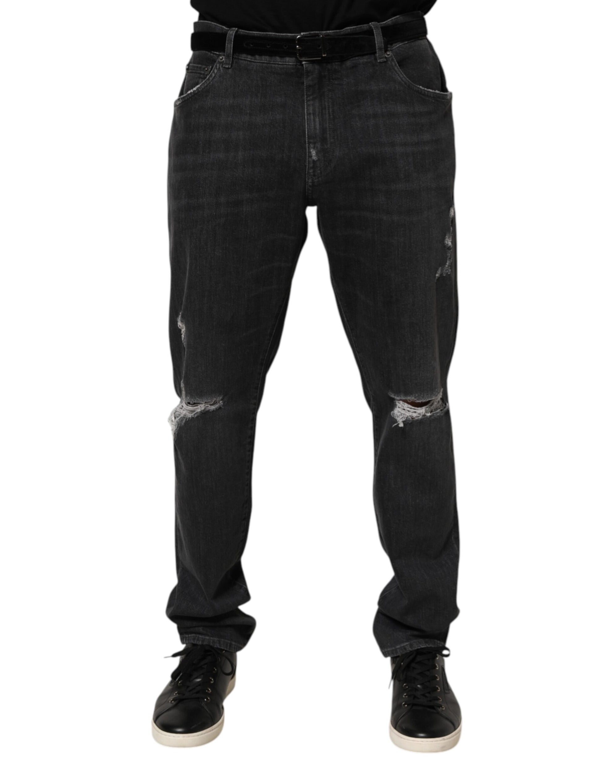 Dolce & Gabbana Jean Slim Effet Usé Noir en Coton avec Logo Déchiré