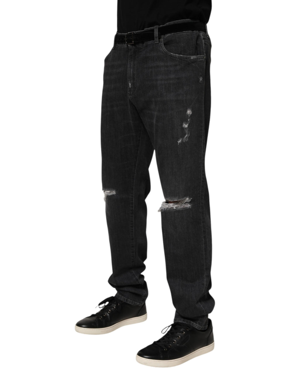 Dolce & Gabbana Jean Slim Effet Usé Noir en Coton avec Logo Déchiré