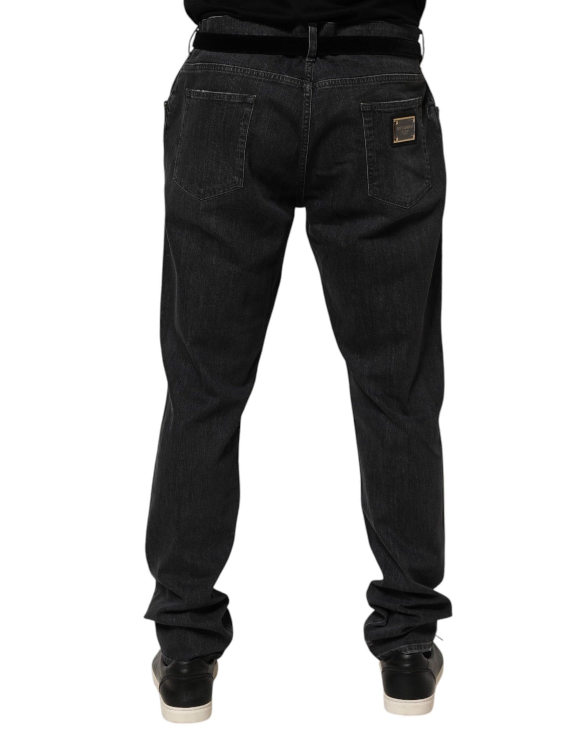 Dolce & Gabbana Jean Slim Effet Usé Noir en Coton avec Logo Déchiré