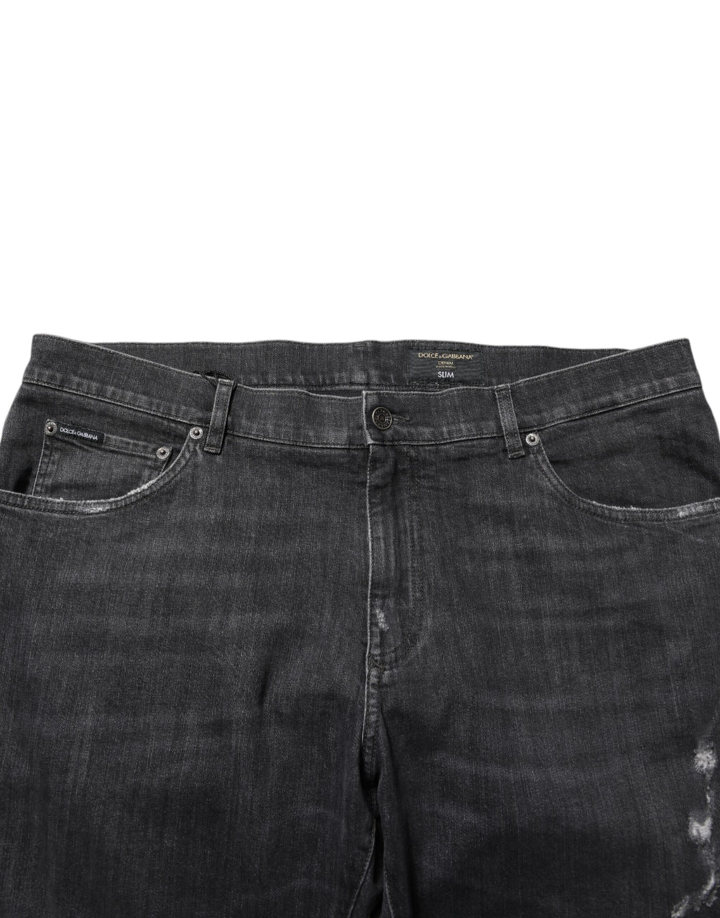 Dolce & Gabbana Jean Slim Effet Usé Noir en Coton avec Logo Déchiré