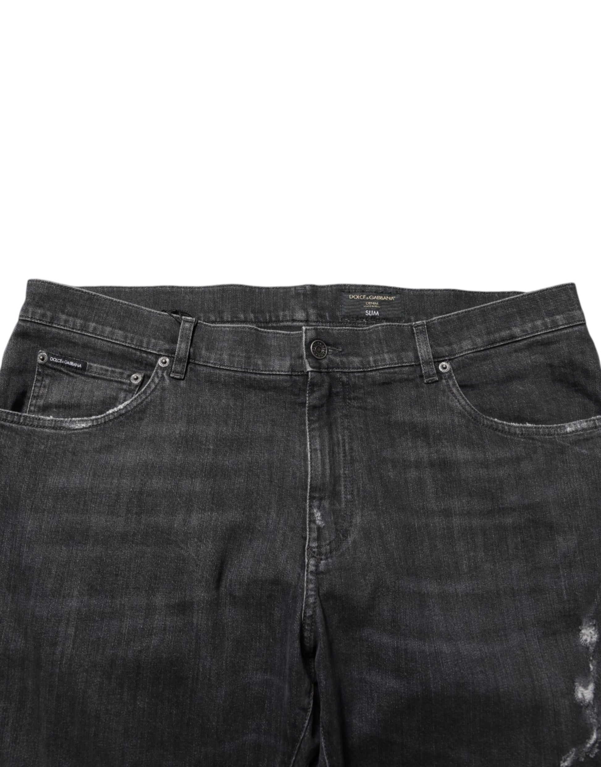 Dolce & Gabbana Jean Slim Effet Usé Noir en Coton avec Logo Déchiré