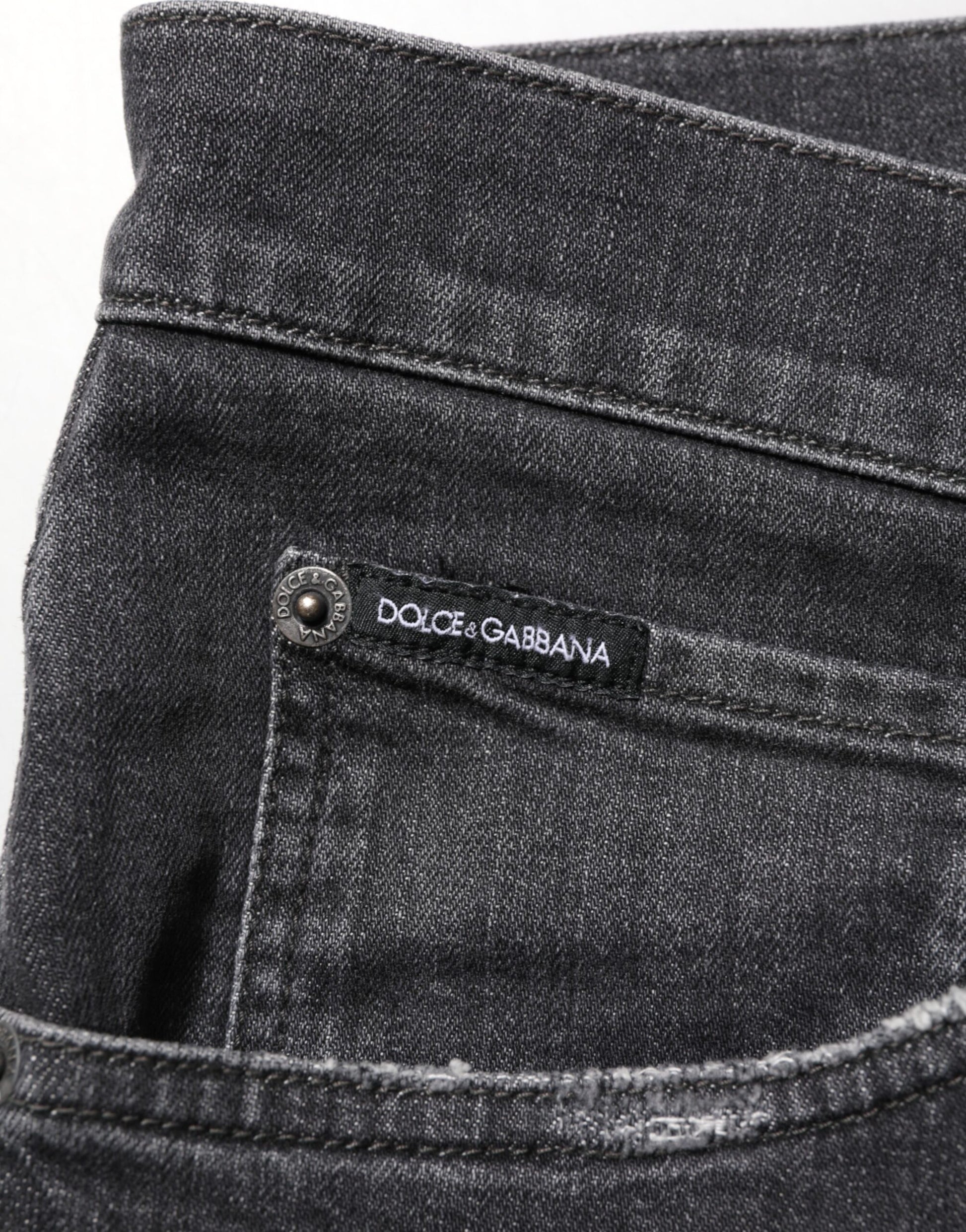 Dolce & Gabbana Jean Slim Effet Usé Noir en Coton avec Logo Déchiré